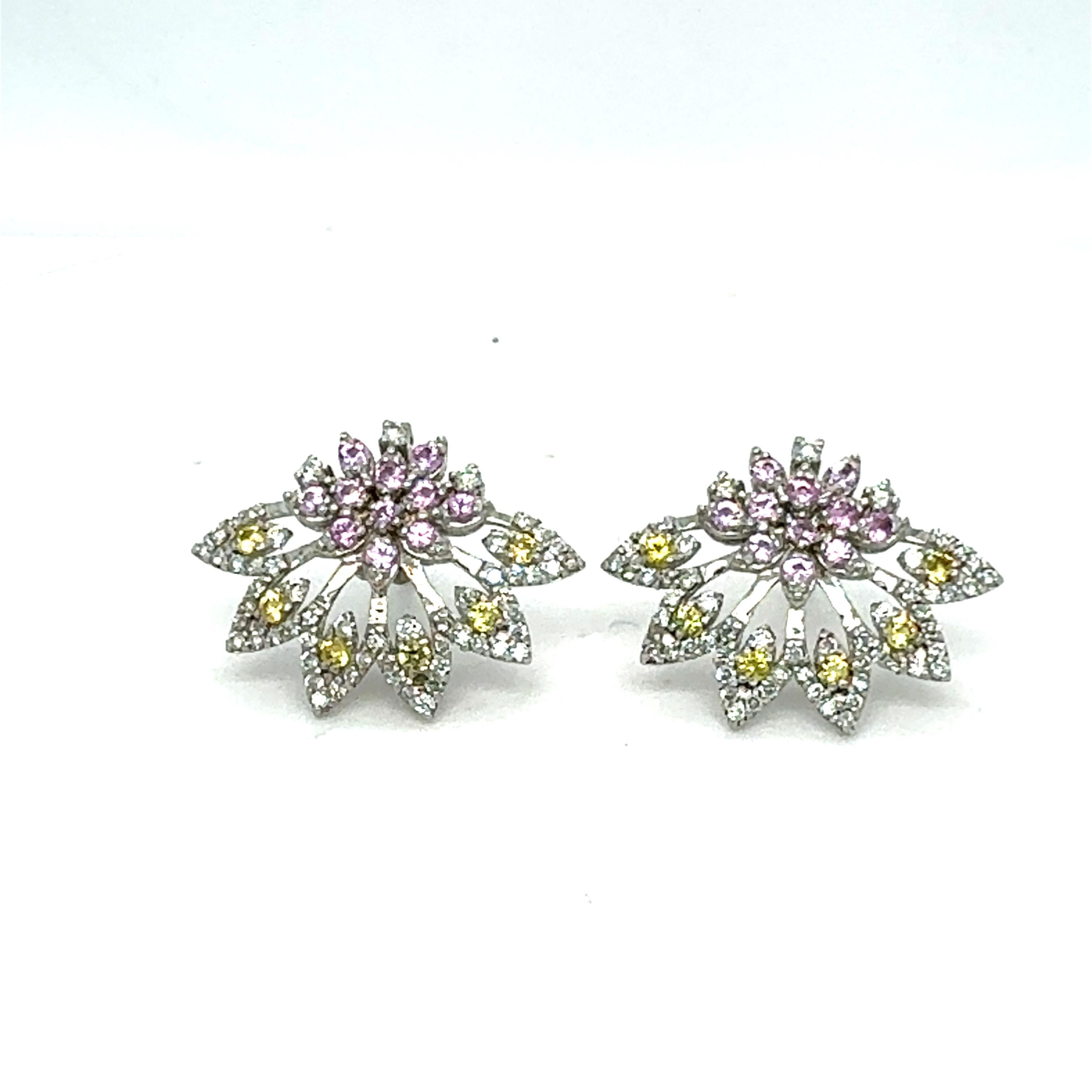Round Cut 1.81 Carat Multi Color Sapphire Diamond 14 Karat White Gold Earrings For Sale