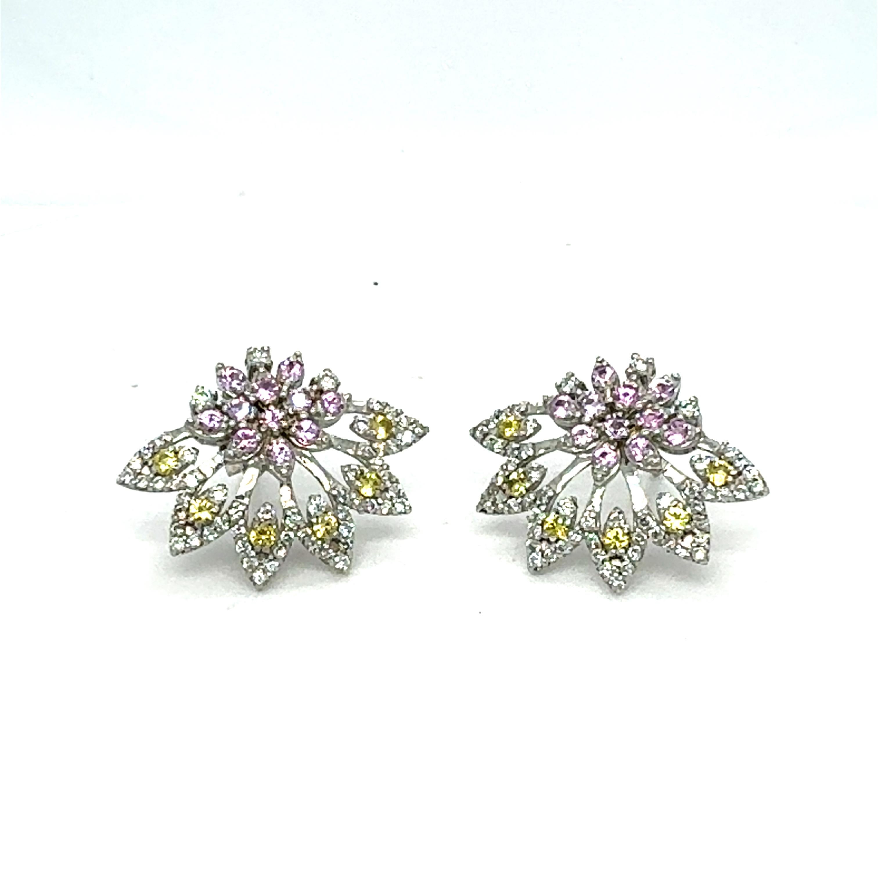 1.81 Carat Multi Color Sapphire Diamond 14 Karat White Gold Earrings In New Condition For Sale In Los Angeles, CA