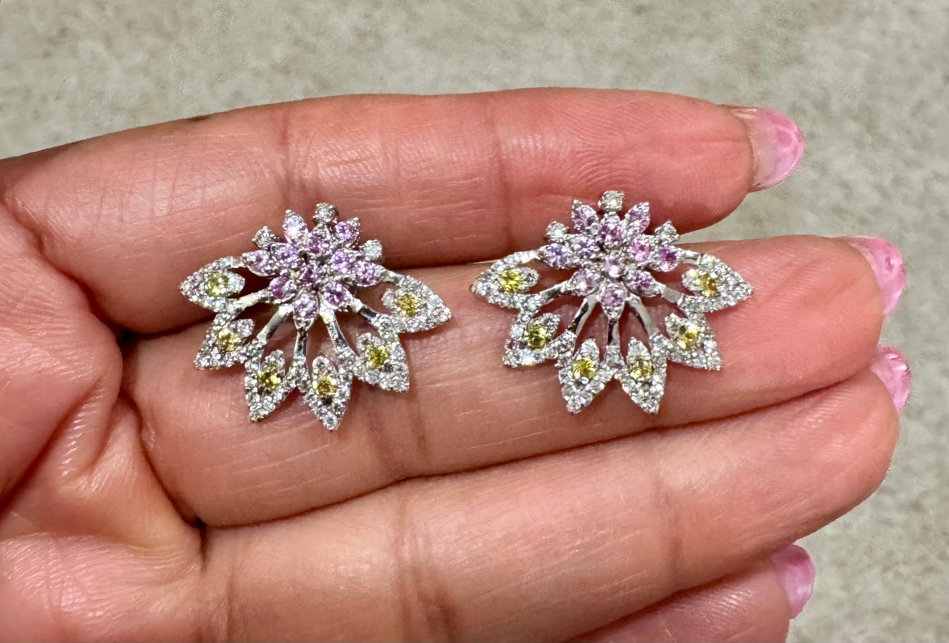 Women's 1.81 Carat Multi Color Sapphire Diamond 14 Karat White Gold Earrings For Sale
