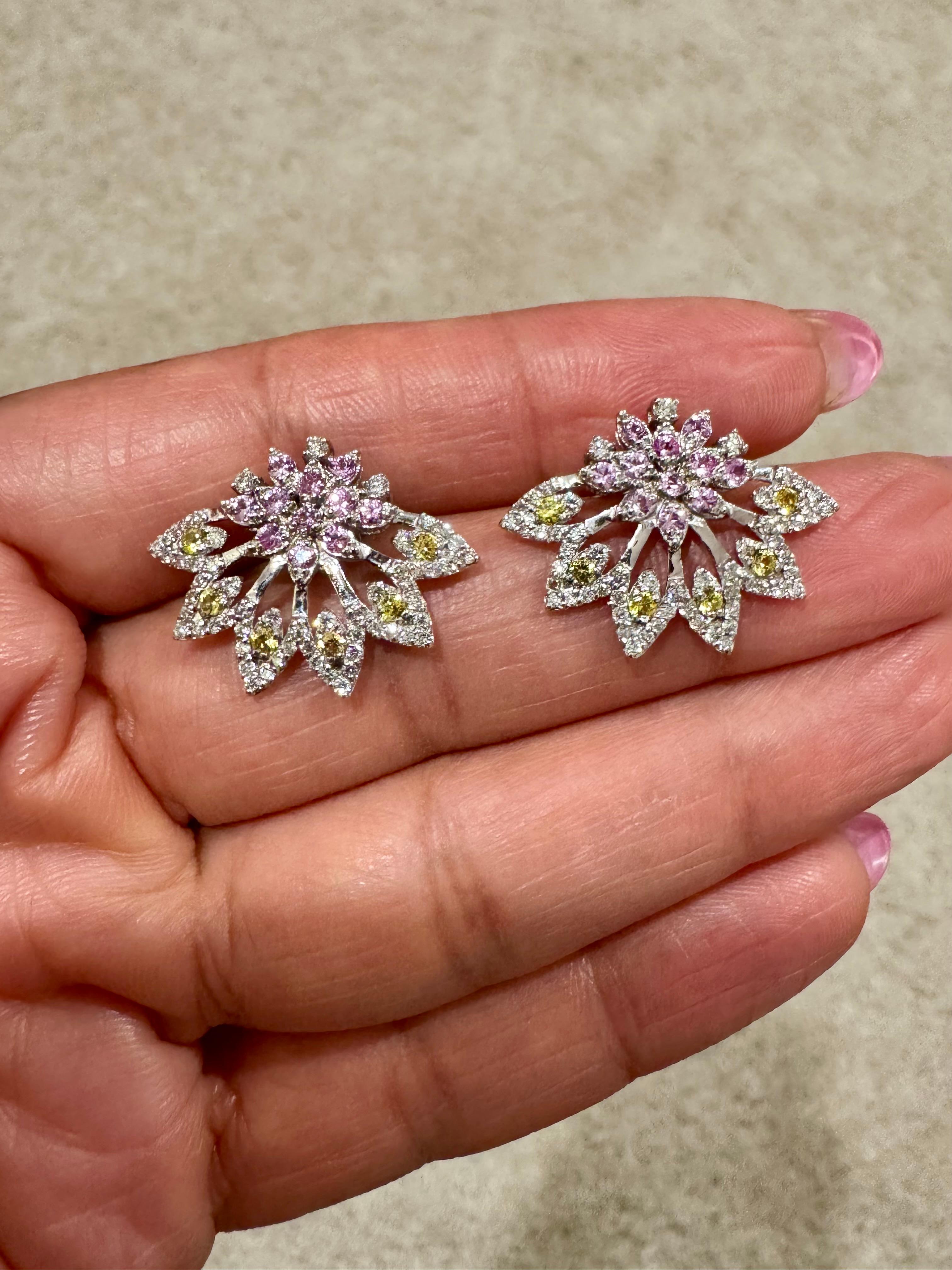 1.81 Carat Multi Color Sapphire Diamond 14 Karat White Gold Earrings For Sale 1