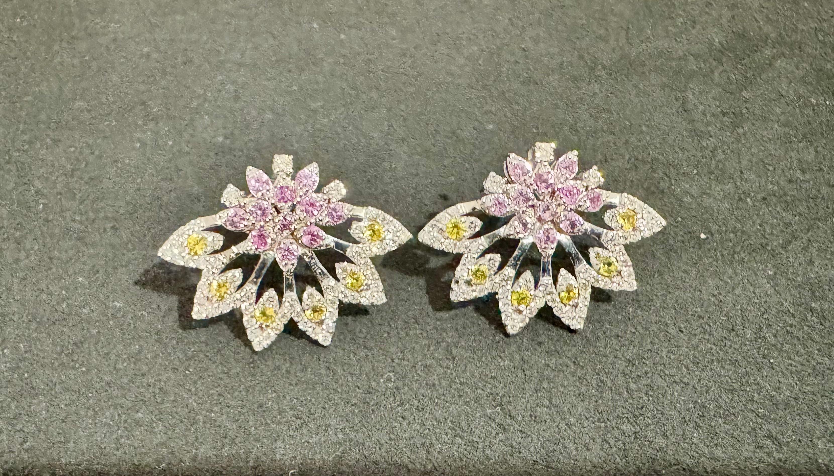1.81 Carat Multi Color Sapphire Diamond 14 Karat White Gold Earrings For Sale 2