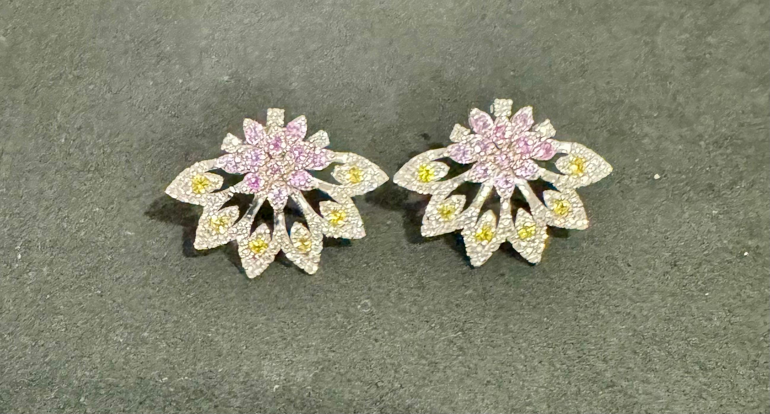 1.81 Carat Multi Color Sapphire Diamond 14 Karat White Gold Earrings For Sale 3