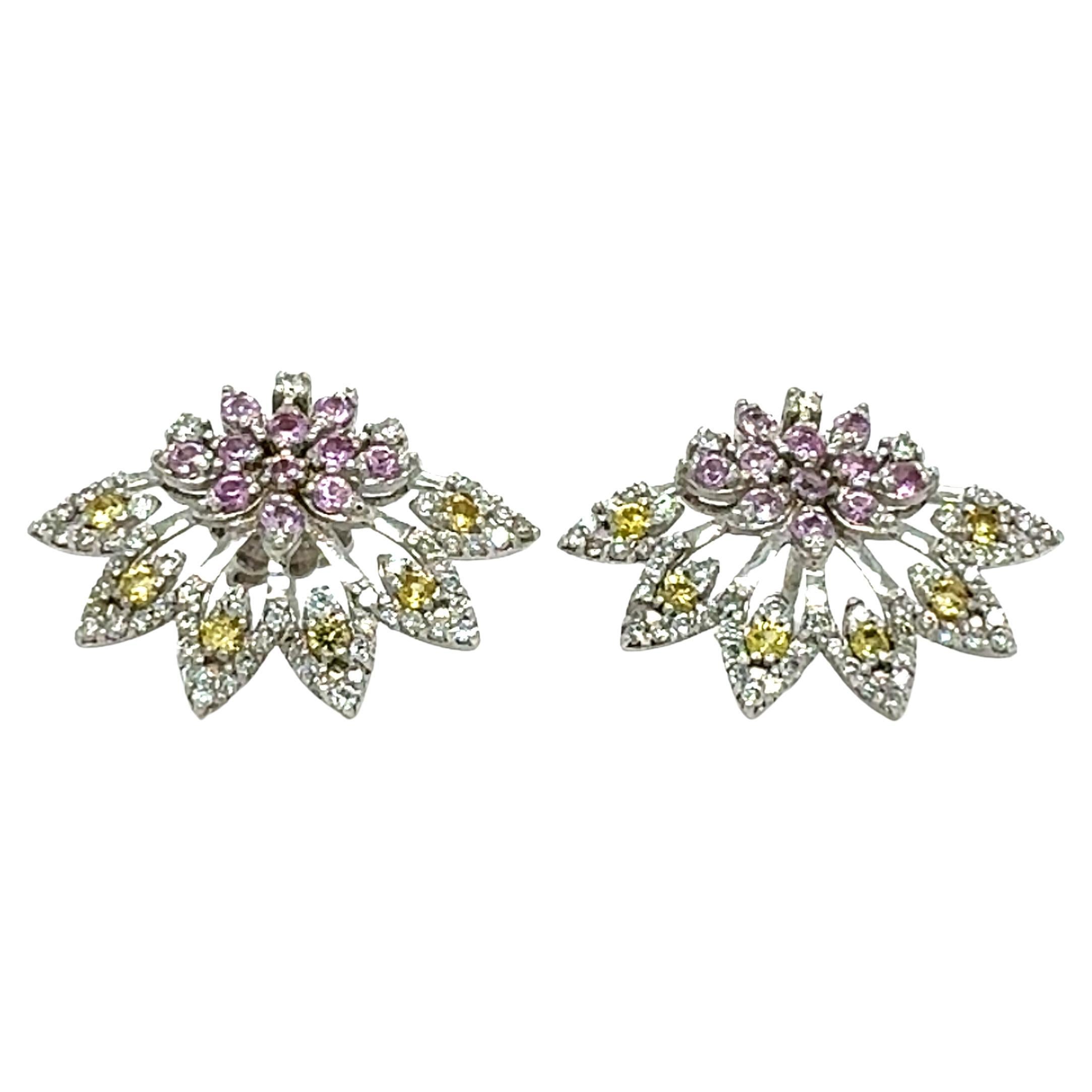 1.81 Carat Multi Color Sapphire Diamond 14 Karat White Gold Earrings For Sale