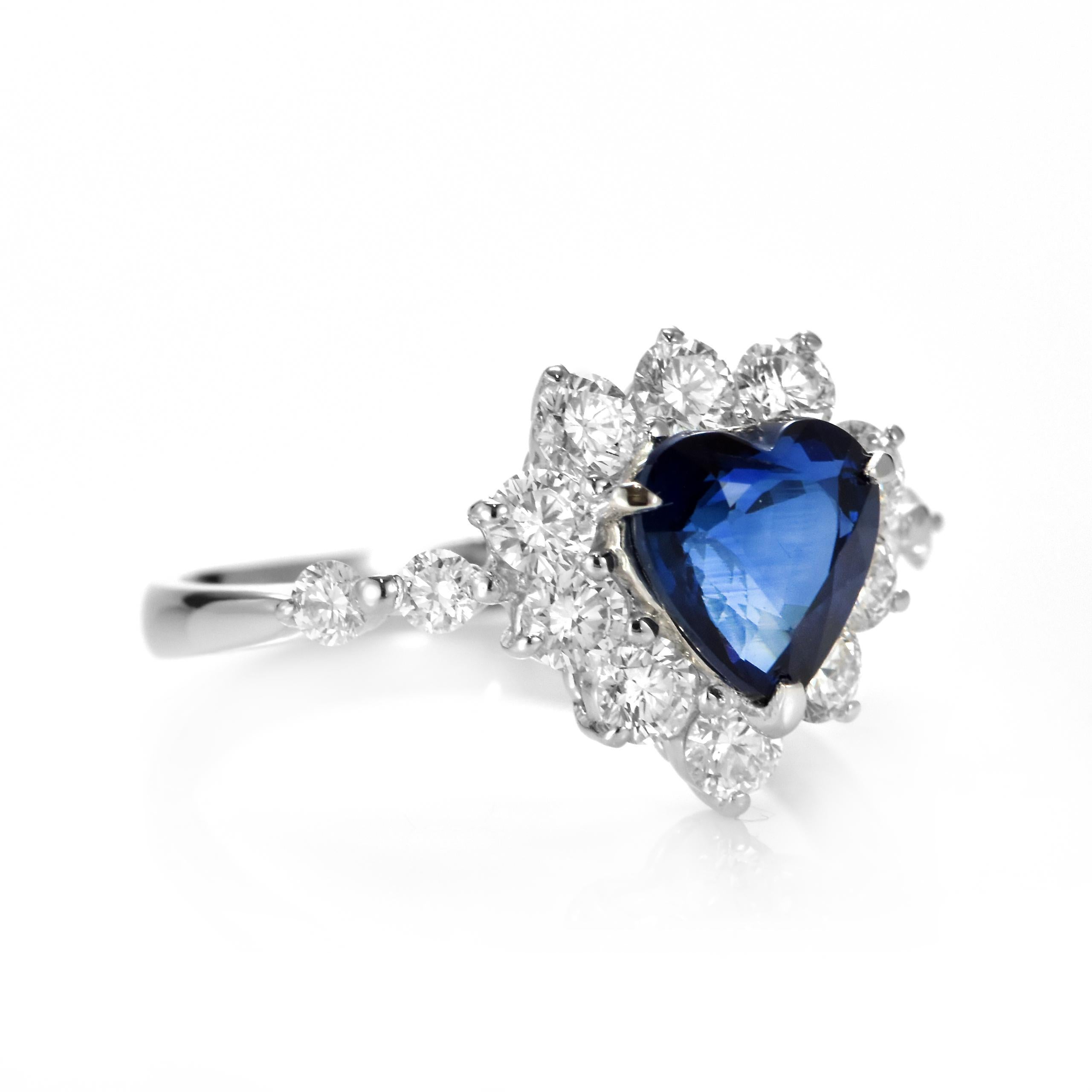Heart Cut 1.81 Carat Natural Ceylon Sapphire and Diamond Ring Made in Platinum For Sale