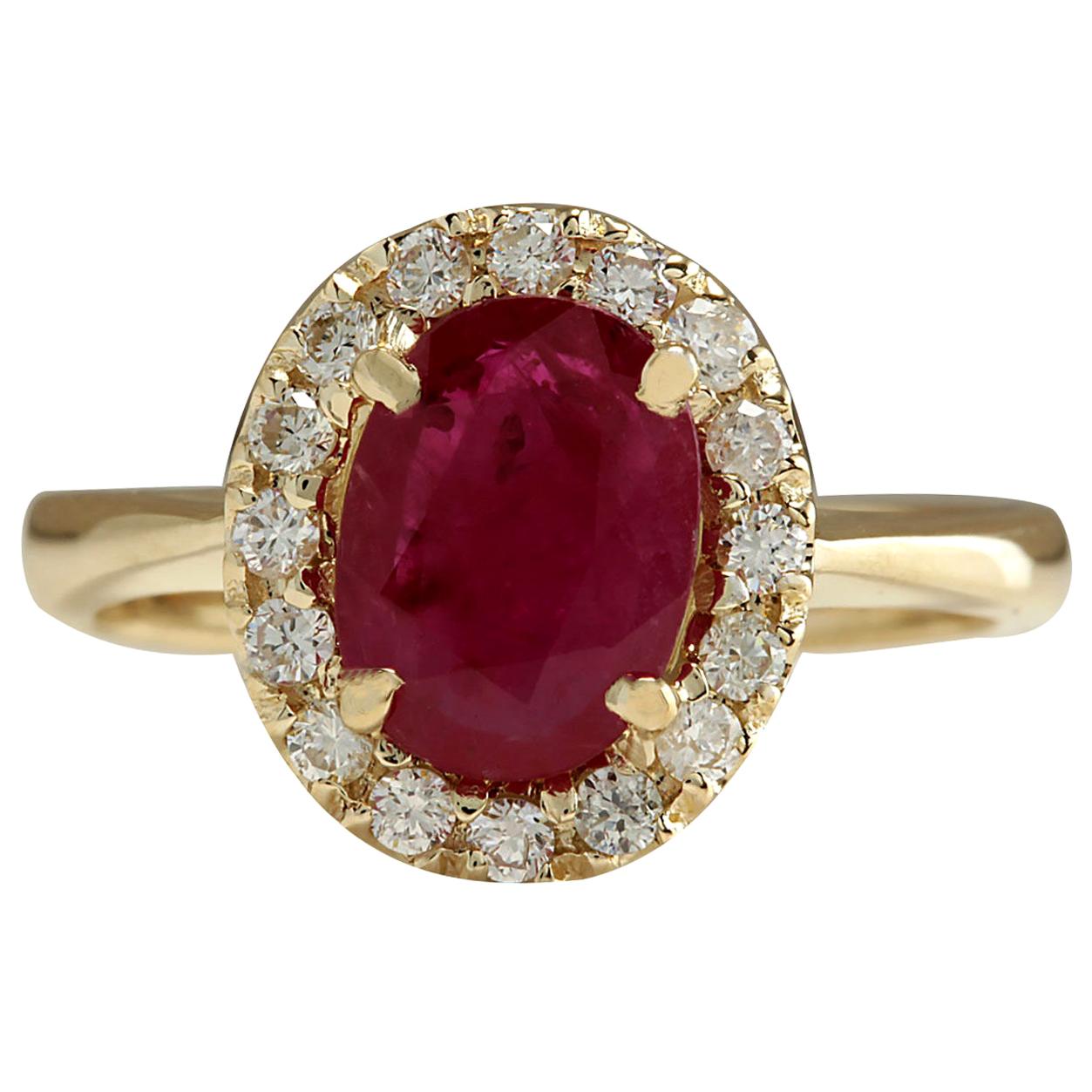 1.81 Carat Natural Ruby 14 Karat Yellow Gold Diamond Ring For Sale