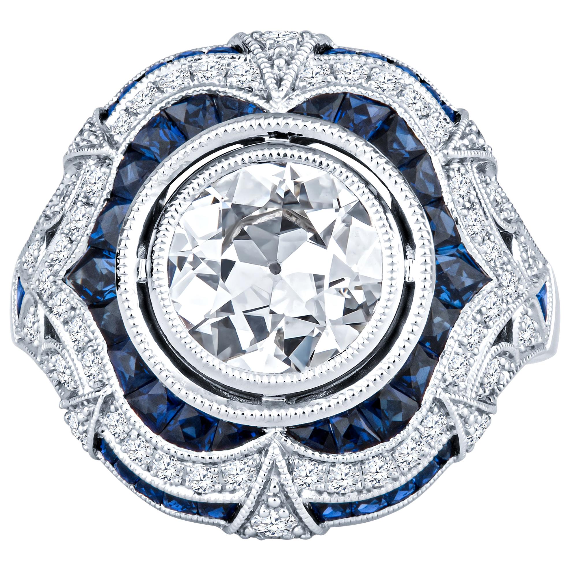 1.81 Carat Old European GIA Certified Diamond with 1.21 Carat Sapphire Ring