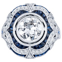 1.81 Carat Old European GIA Certified Diamond with 1.21 Carat Sapphire Ring