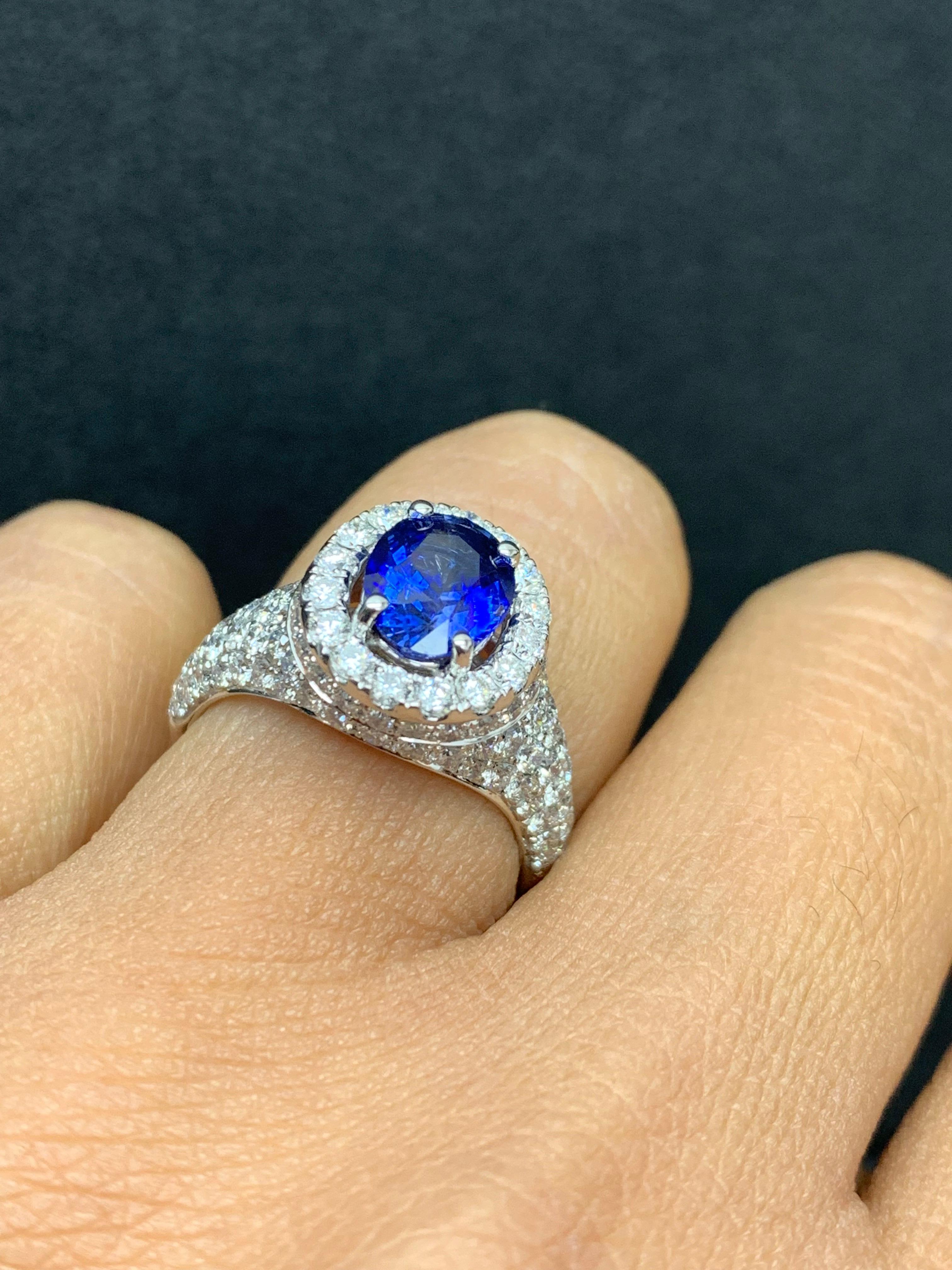 1.81 Carat Oval Cut Blue Sapphire and Diamond Fashion Ring in 18K White Gold For Sale 5