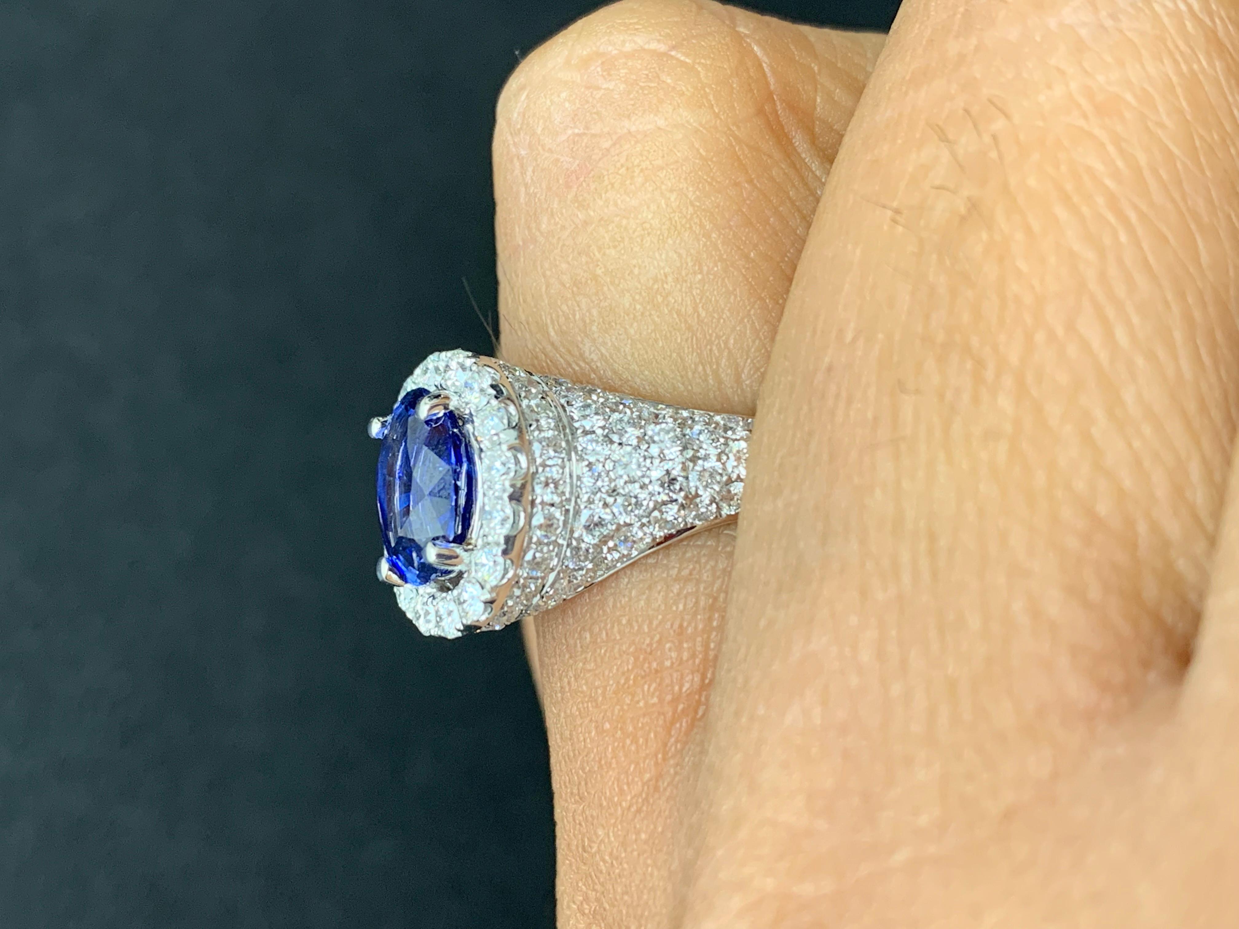 1.81 Carat Oval Cut Blue Sapphire and Diamond Fashion Ring in 18K White Gold For Sale 7