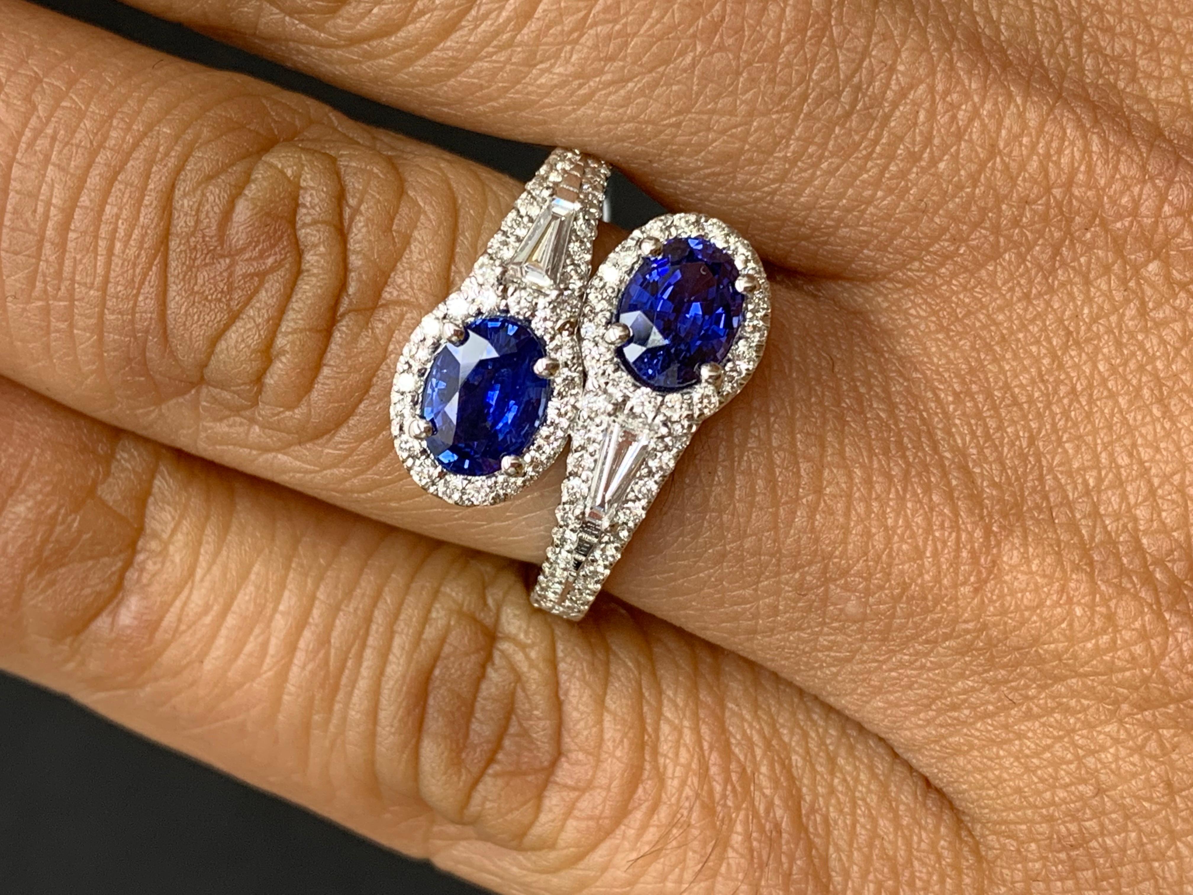 1.81 Carat Oval Cut Sapphire Diamond Toi Et Moi Engagement Ring 14K White Gold For Sale 5