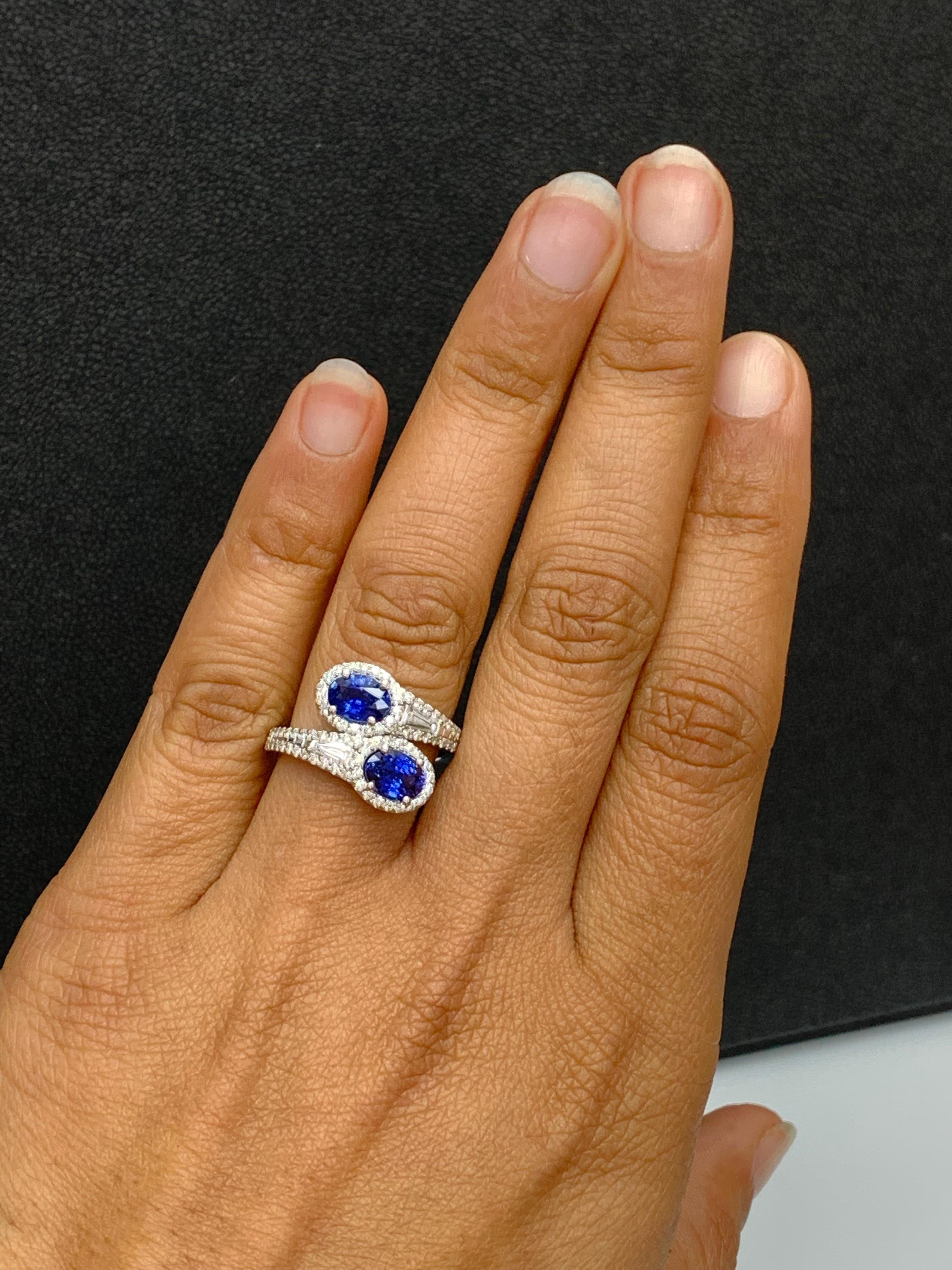 1.81 Carat Oval Cut Sapphire Diamond Toi Et Moi Engagement Ring 14K White Gold For Sale 6