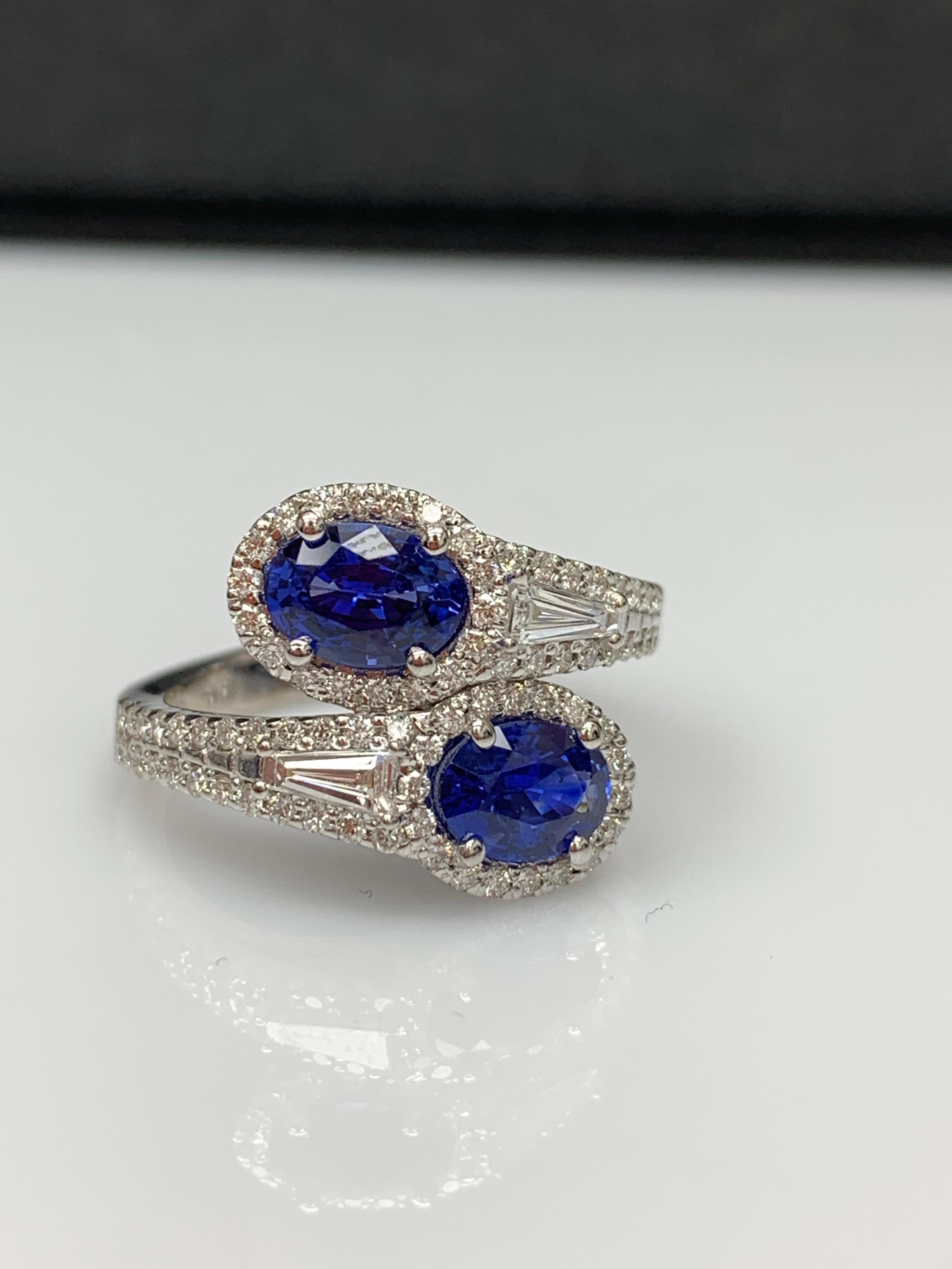 1.81 Carat Oval Cut Sapphire Diamond Toi Et Moi Engagement Ring 14K White Gold For Sale 8