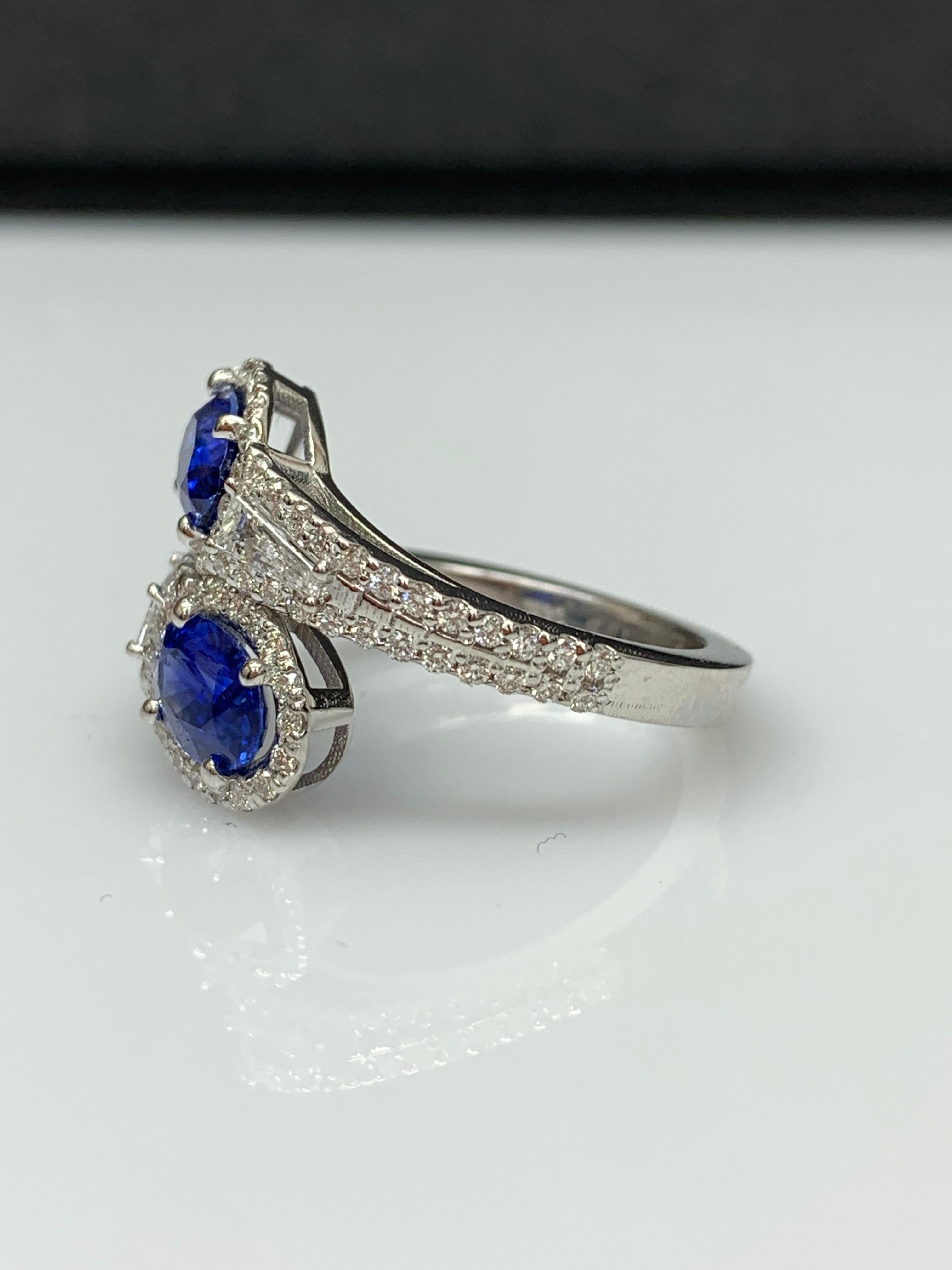 1.81 Carat Oval Cut Sapphire Diamond Toi Et Moi Engagement Ring 14K White Gold For Sale 9