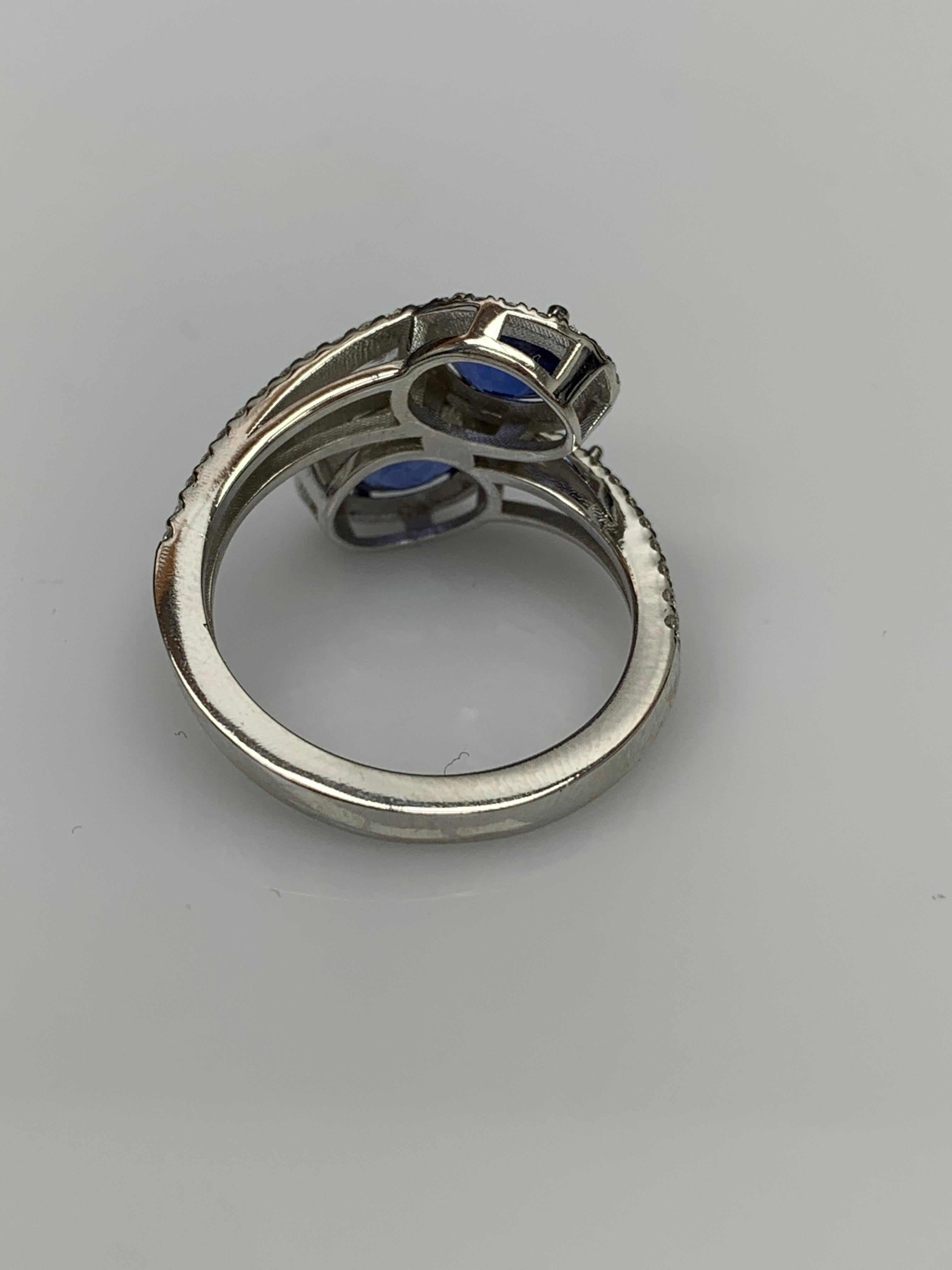 1.81 Carat Oval Cut Sapphire Diamond Toi Et Moi Engagement Ring 14K White Gold For Sale 11