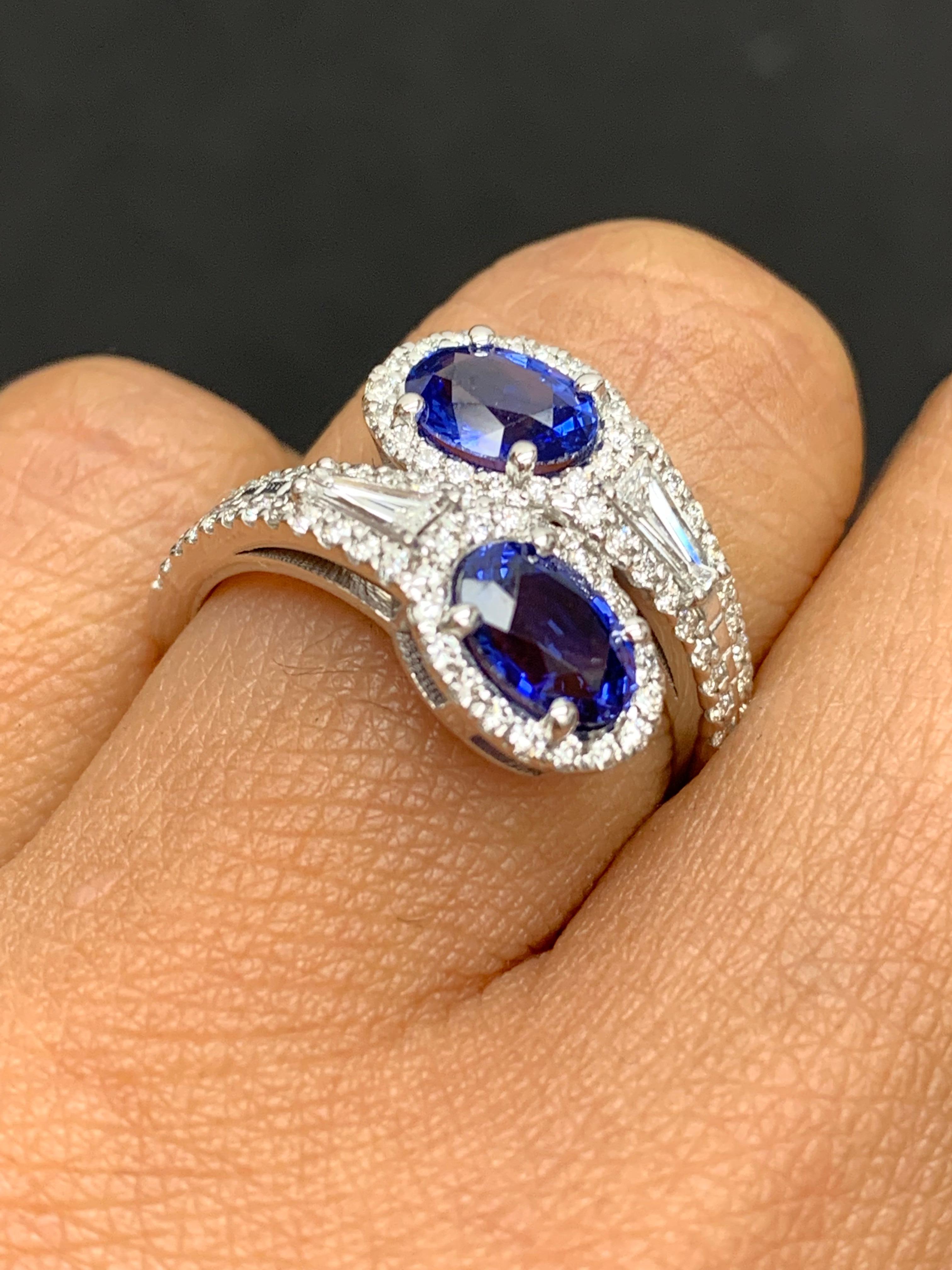 Modern 1.81 Carat Oval Cut Sapphire Diamond Toi Et Moi Engagement Ring 14K White Gold For Sale