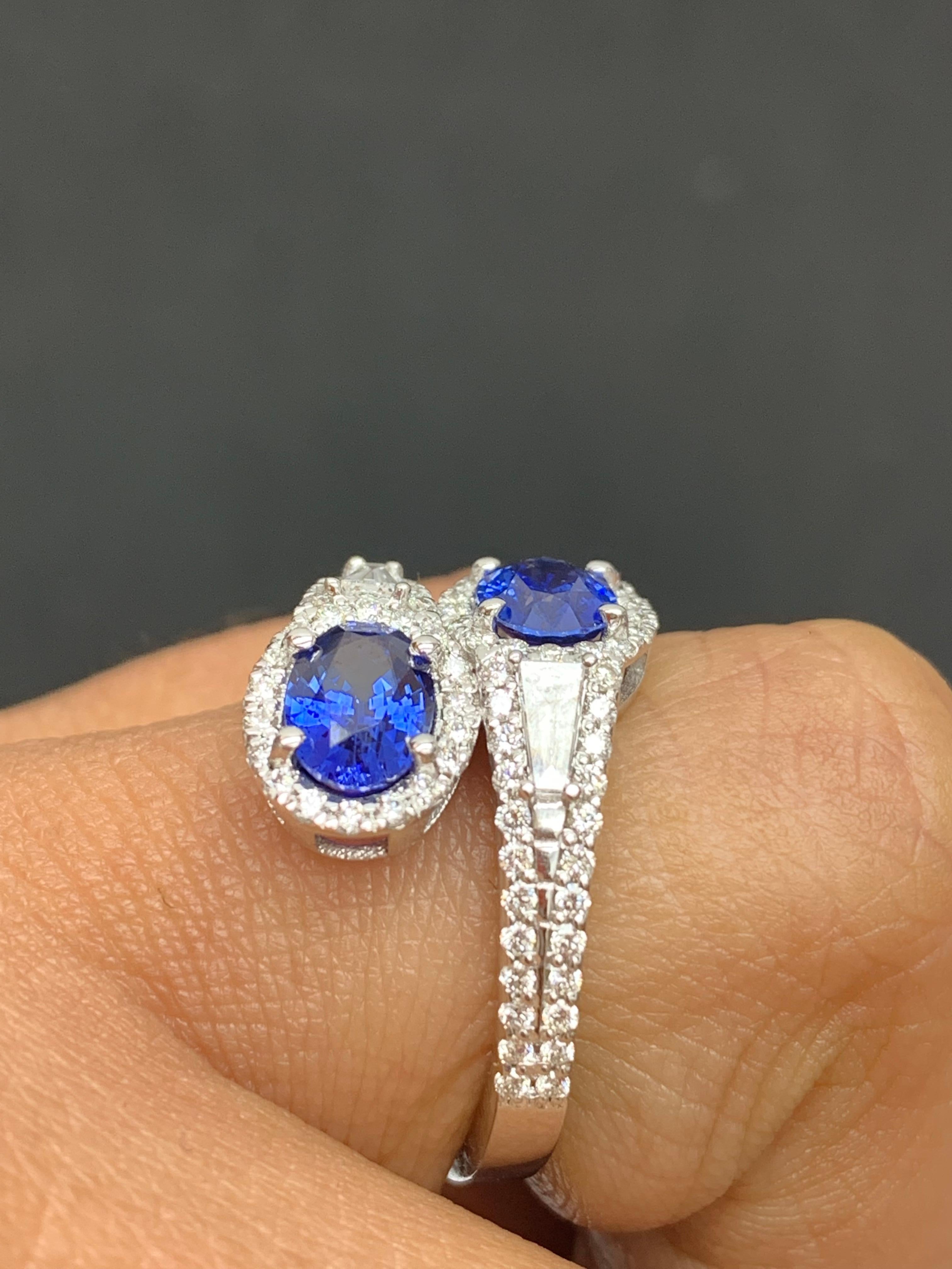 Women's 1.81 Carat Oval Cut Sapphire Diamond Toi Et Moi Engagement Ring 14K White Gold For Sale