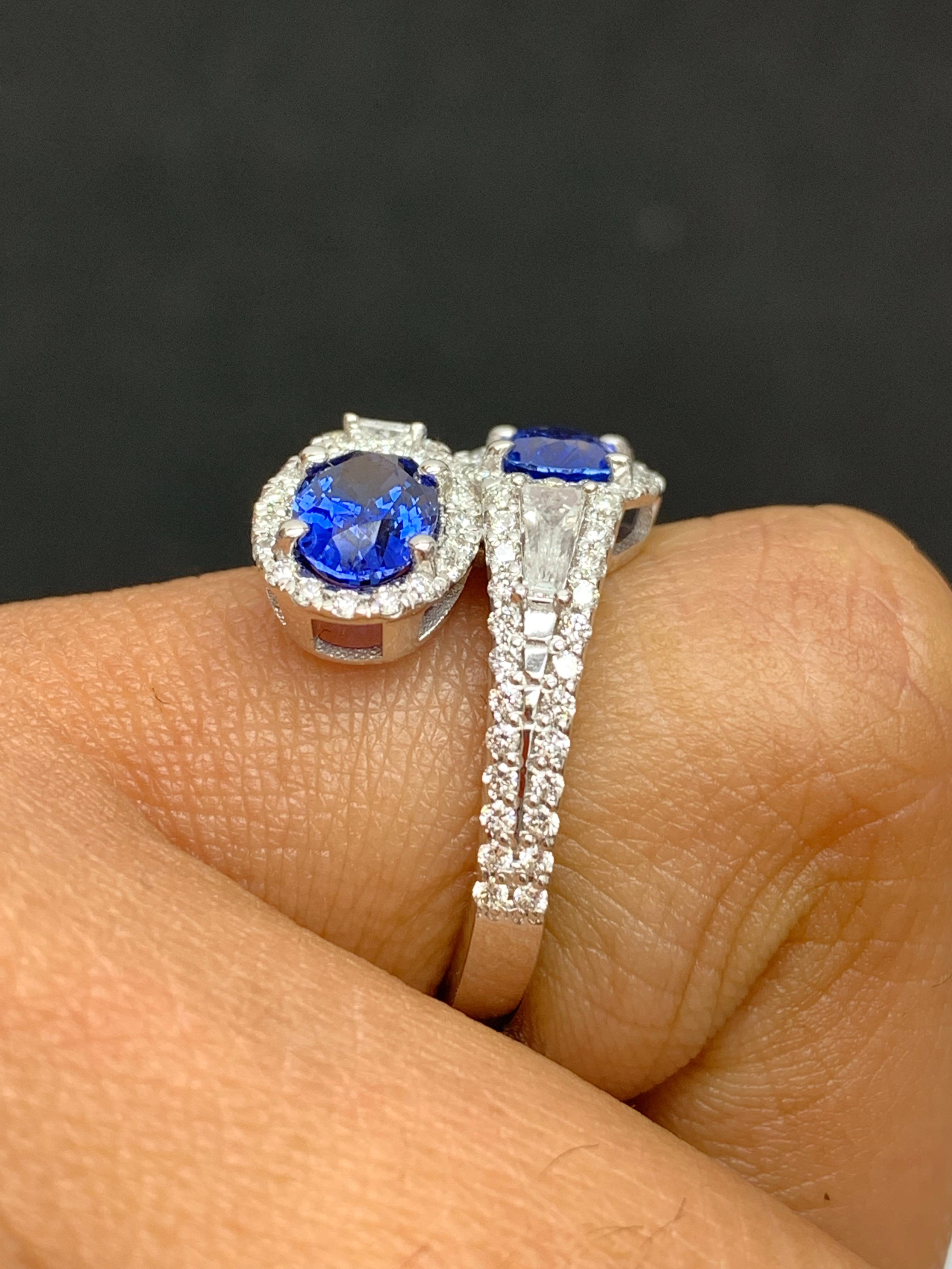 1.81 Carat Oval Cut Sapphire Diamond Toi Et Moi Engagement Ring 14K White Gold For Sale 1