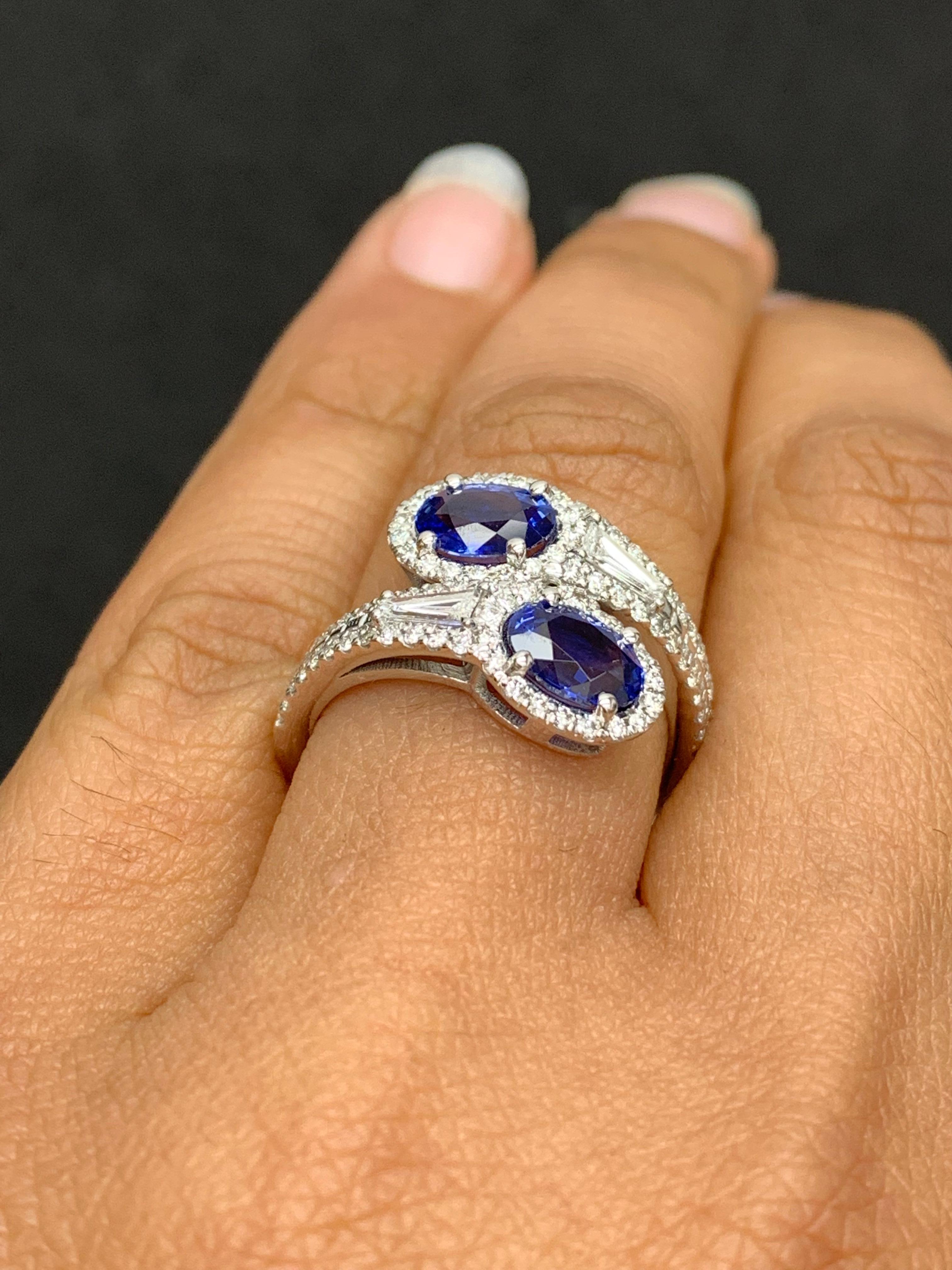 1.81 Carat Oval Cut Sapphire Diamond Toi Et Moi Engagement Ring 14K White Gold For Sale 2