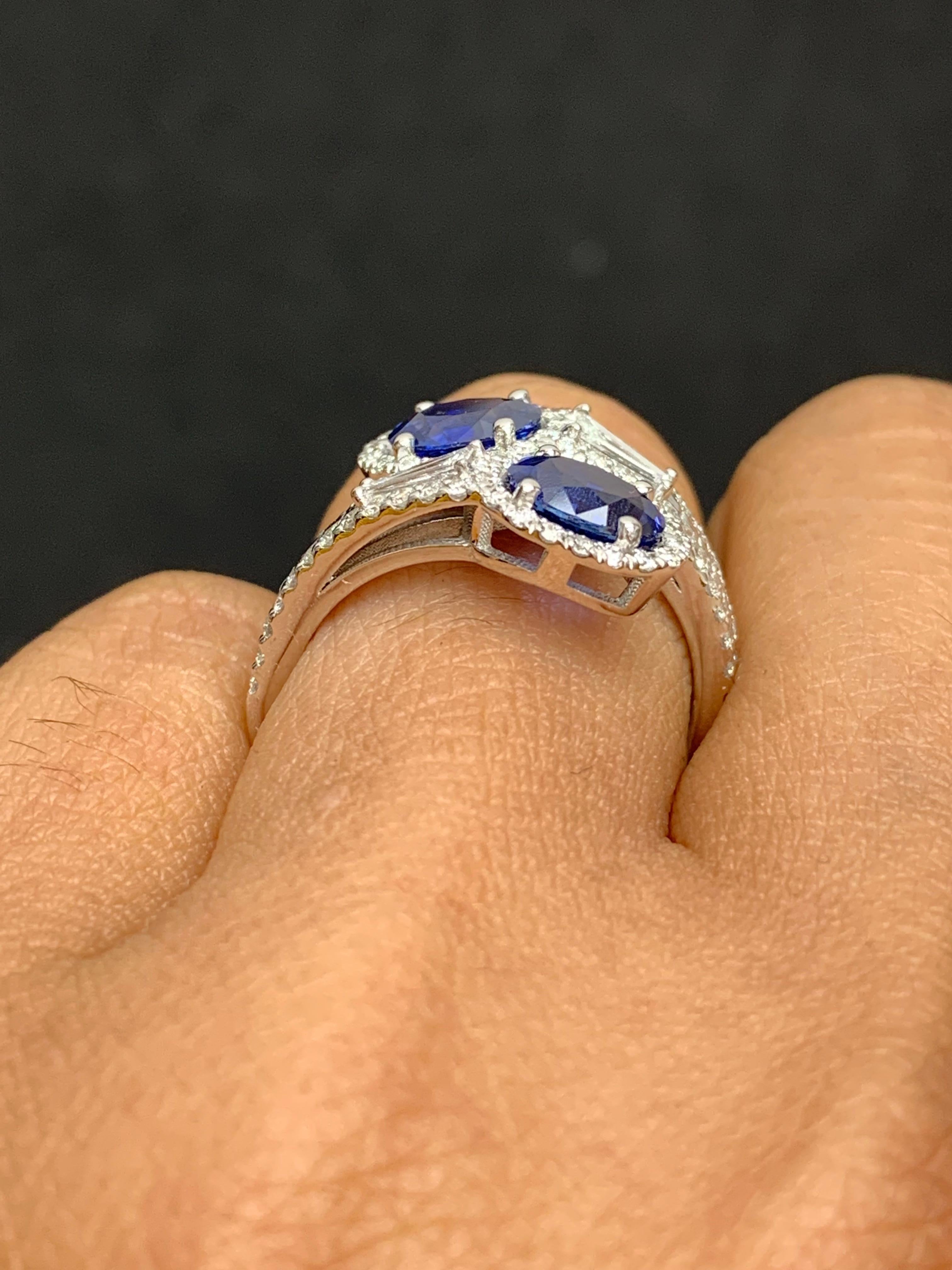 1.81 Carat Oval Cut Sapphire Diamond Toi Et Moi Engagement Ring 14K White Gold For Sale 3