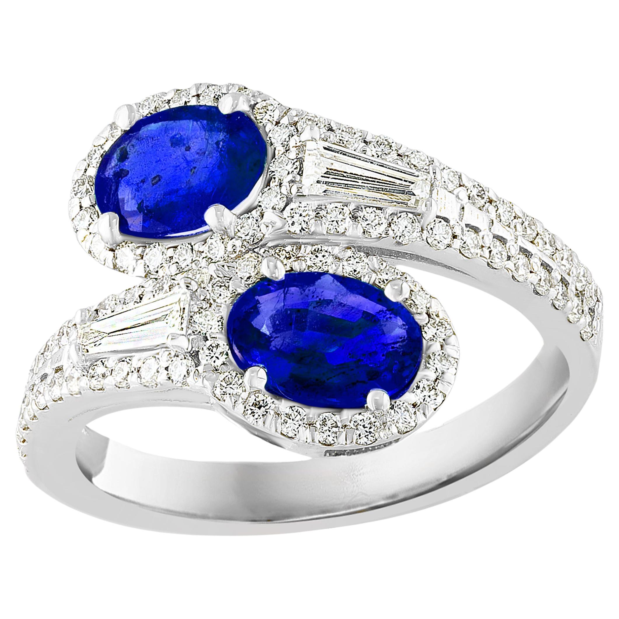 1.81 Carat Oval Cut Sapphire Diamond Toi Et Moi Engagement Ring 14K White Gold For Sale