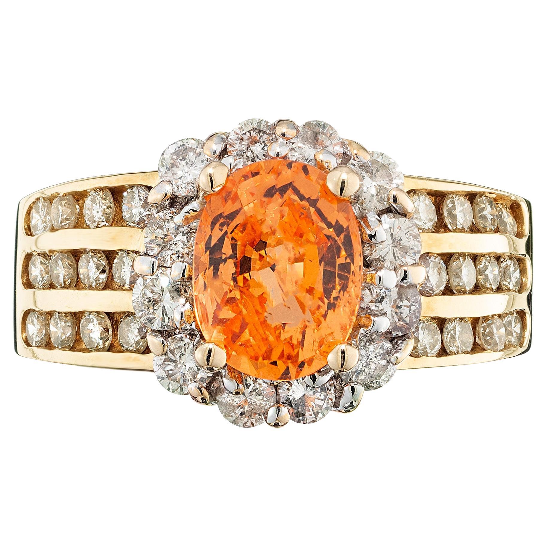 1.81 Carat Oval Orange Spessartite Garnet Diamond Halo Cocktail Ring For Sale