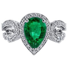 Antique 1.81 Carat Pear Shape Columbian Emerald & Diamond Ring