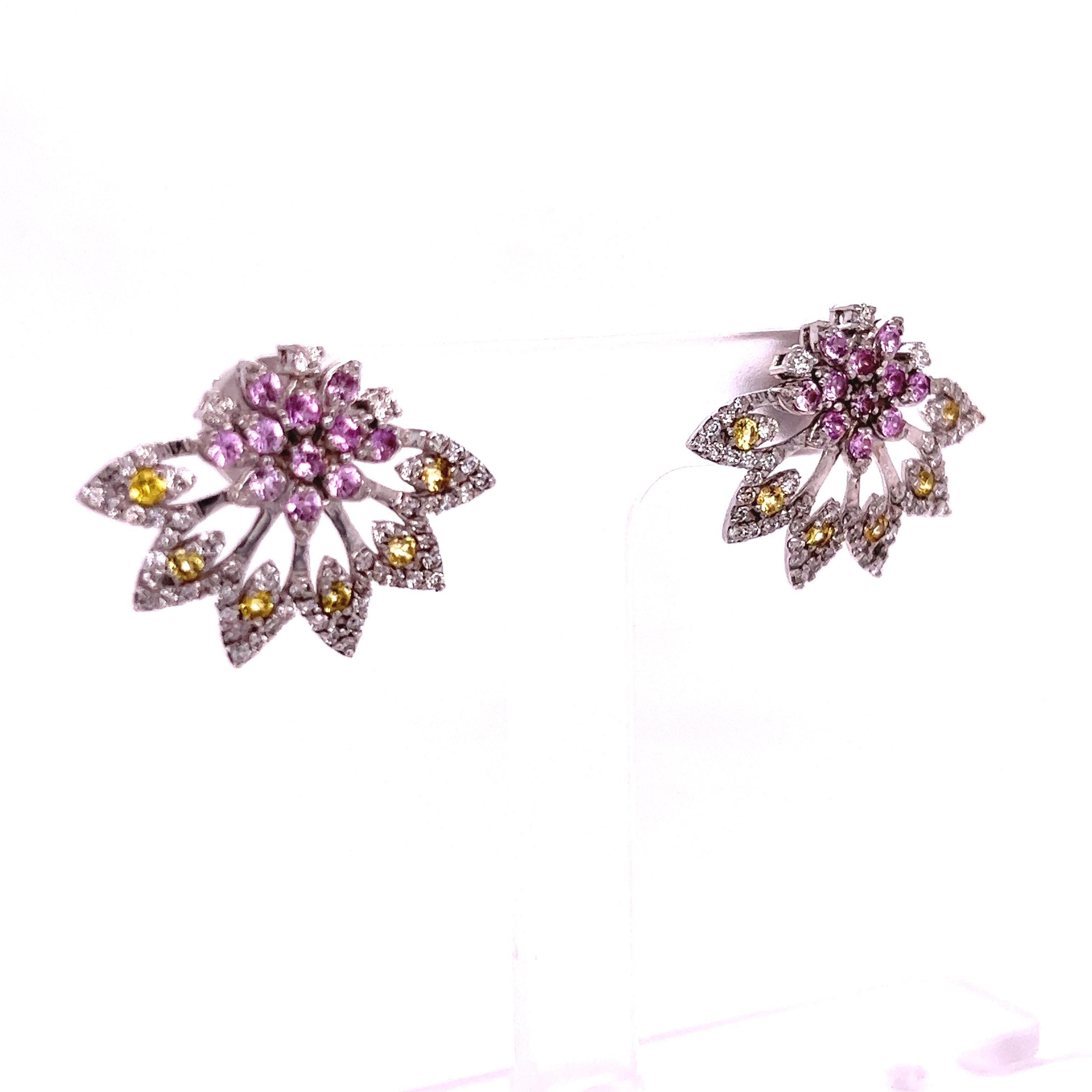 These earrings have Natural Pink Sapphires that weigh 0.66 carats and Natural Yellow Sapphires that weigh 0.37 carats. It also has Natural Round Cut Diamonds that weigh 0.78 carats. The total carat weight of the earrings are 1.81 carats. 

The