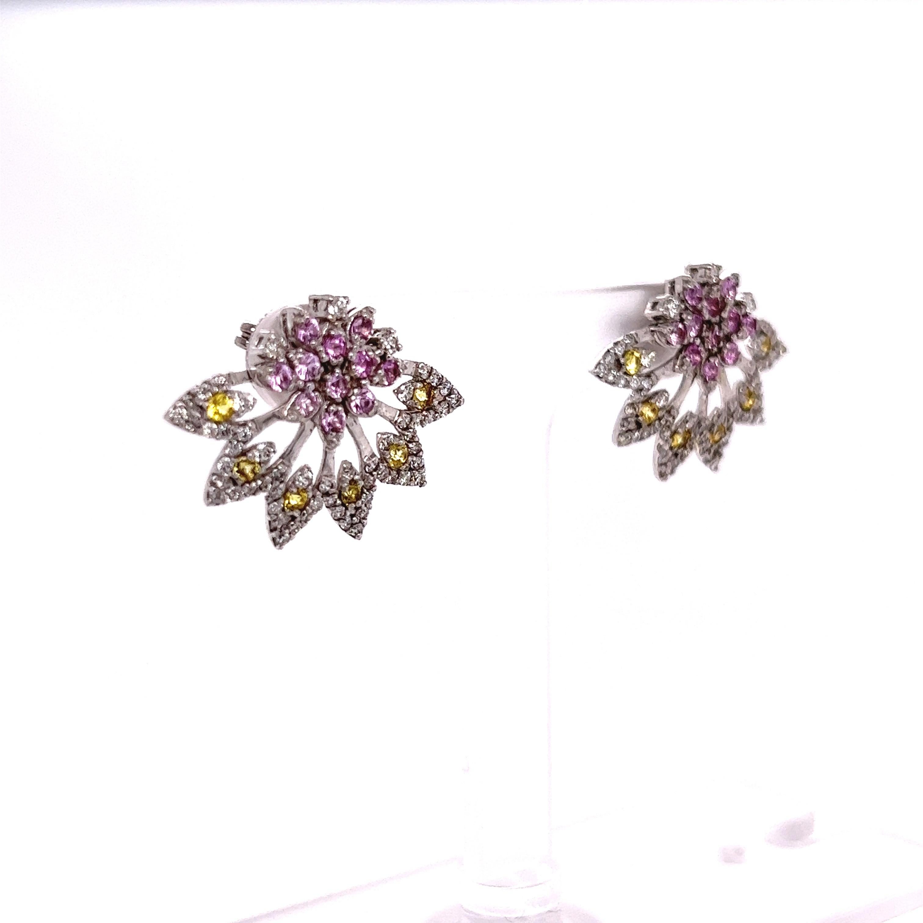 Contemporary 1.81 Carat Pink Sapphire Yellow Sapphire Diamond White Gold Earrings For Sale