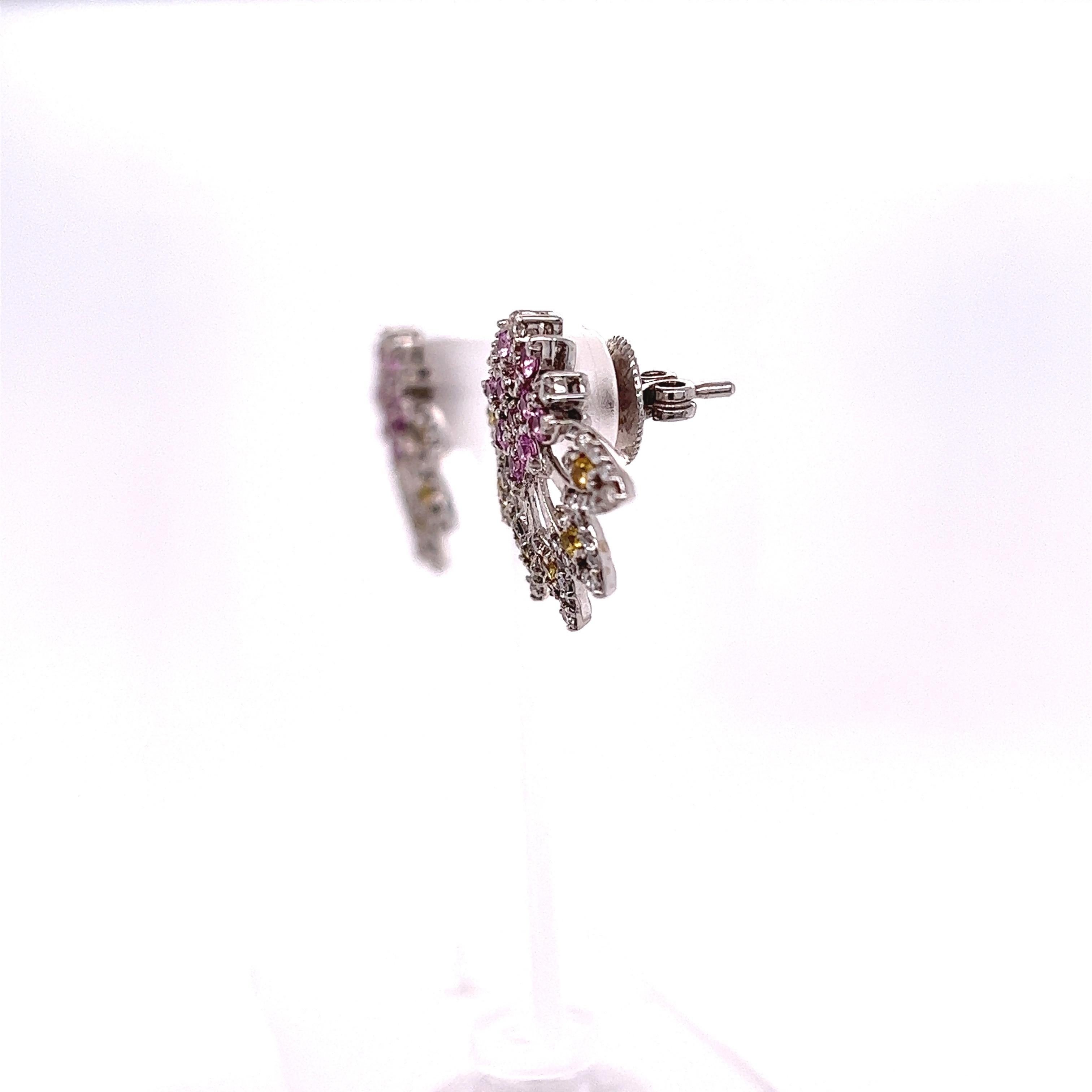 Round Cut 1.81 Carat Pink Sapphire Yellow Sapphire Diamond White Gold Earrings For Sale