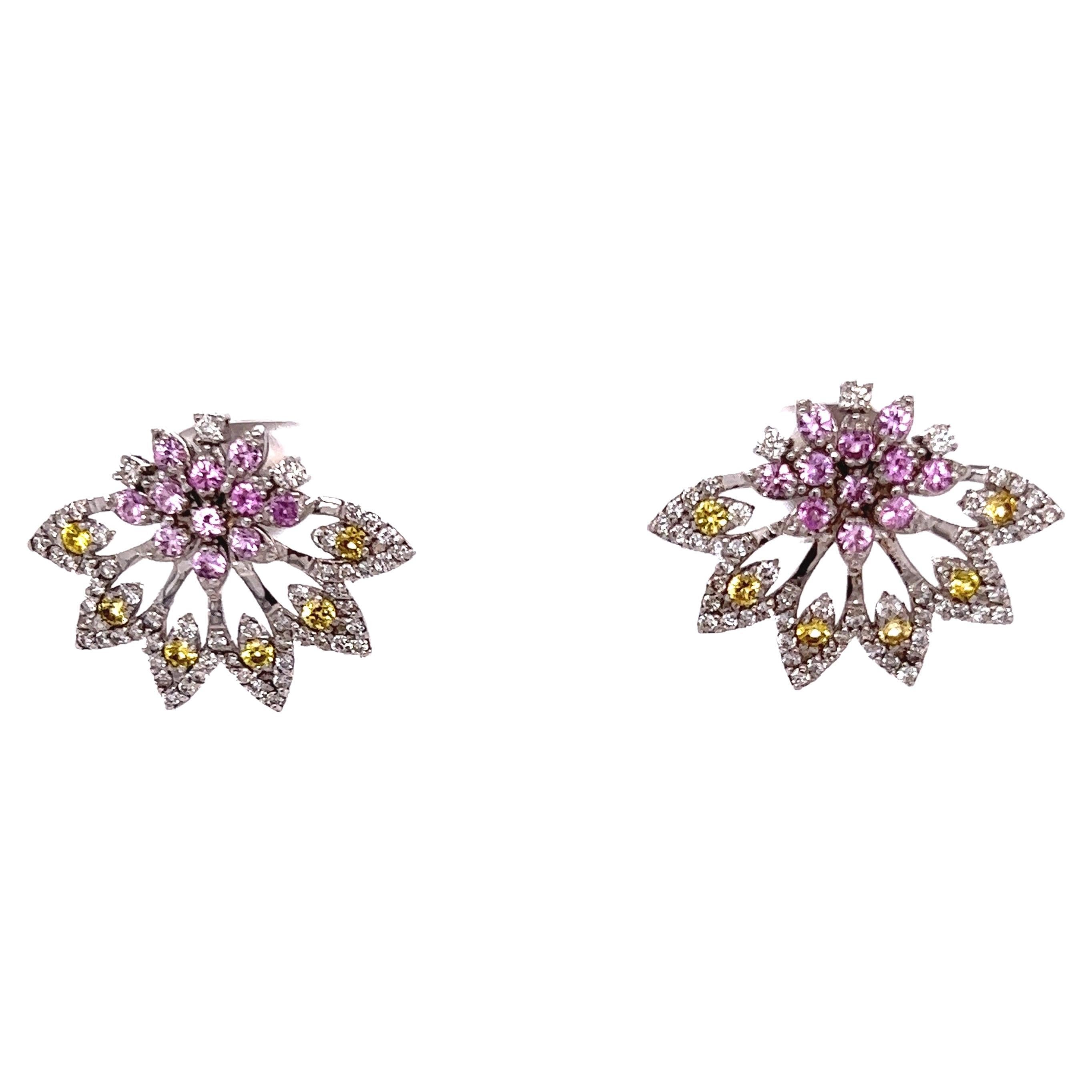 1.81 Carat Pink Sapphire Yellow Sapphire Diamond White Gold Earrings For Sale