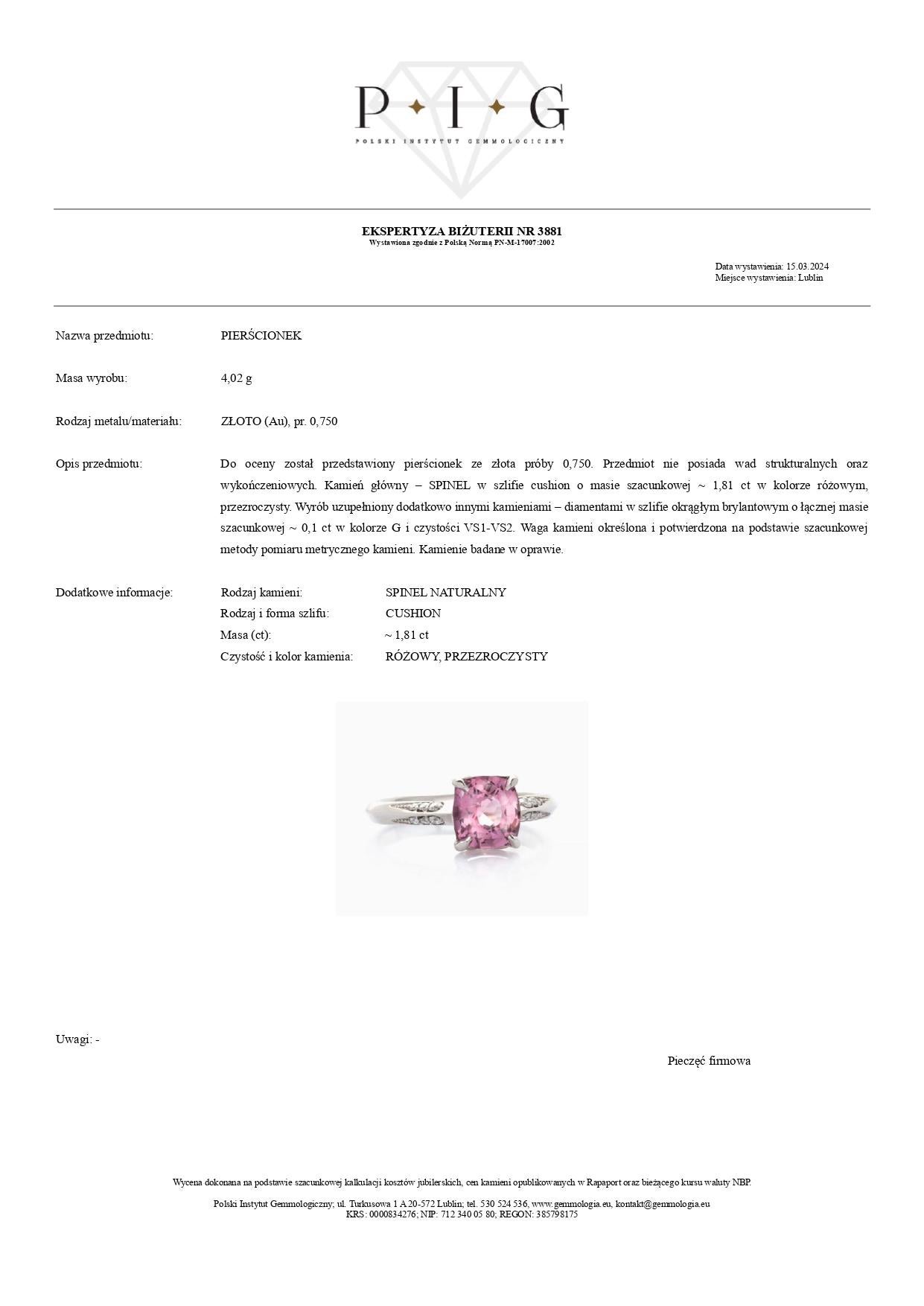 Taglio cuscino Anello con spinello rosa da 1,81 carati e diamante da 0,10 carati in oro bianco 18 carati in vendita