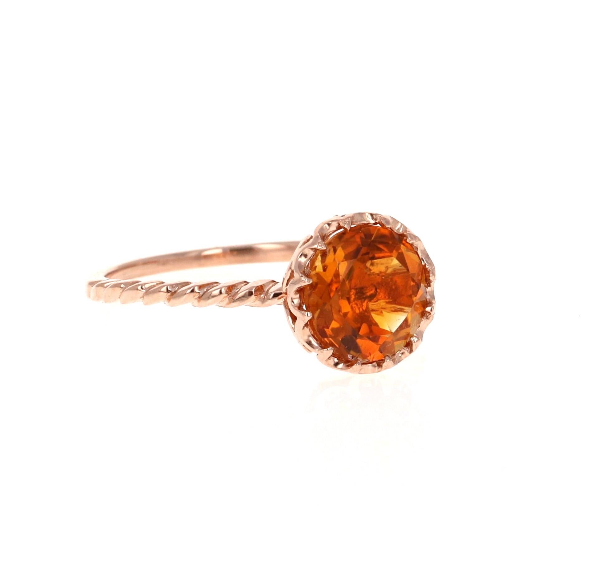 Modern 1.81 Carat Round Cut Citrine Quartz Rose Gold Ring