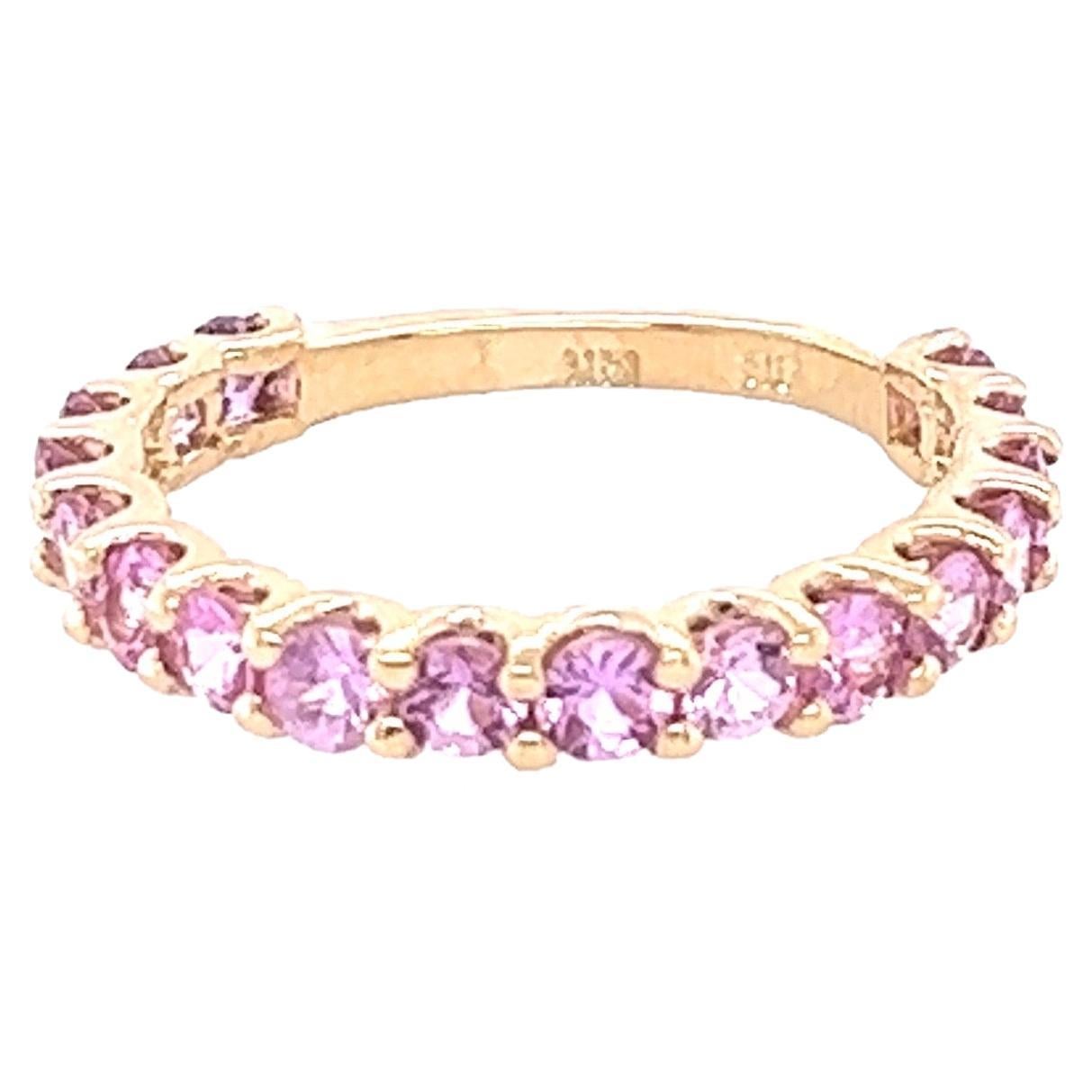 1.81 Carat Round Cut Natural Pink Sapphire Yellow Gold Band For Sale