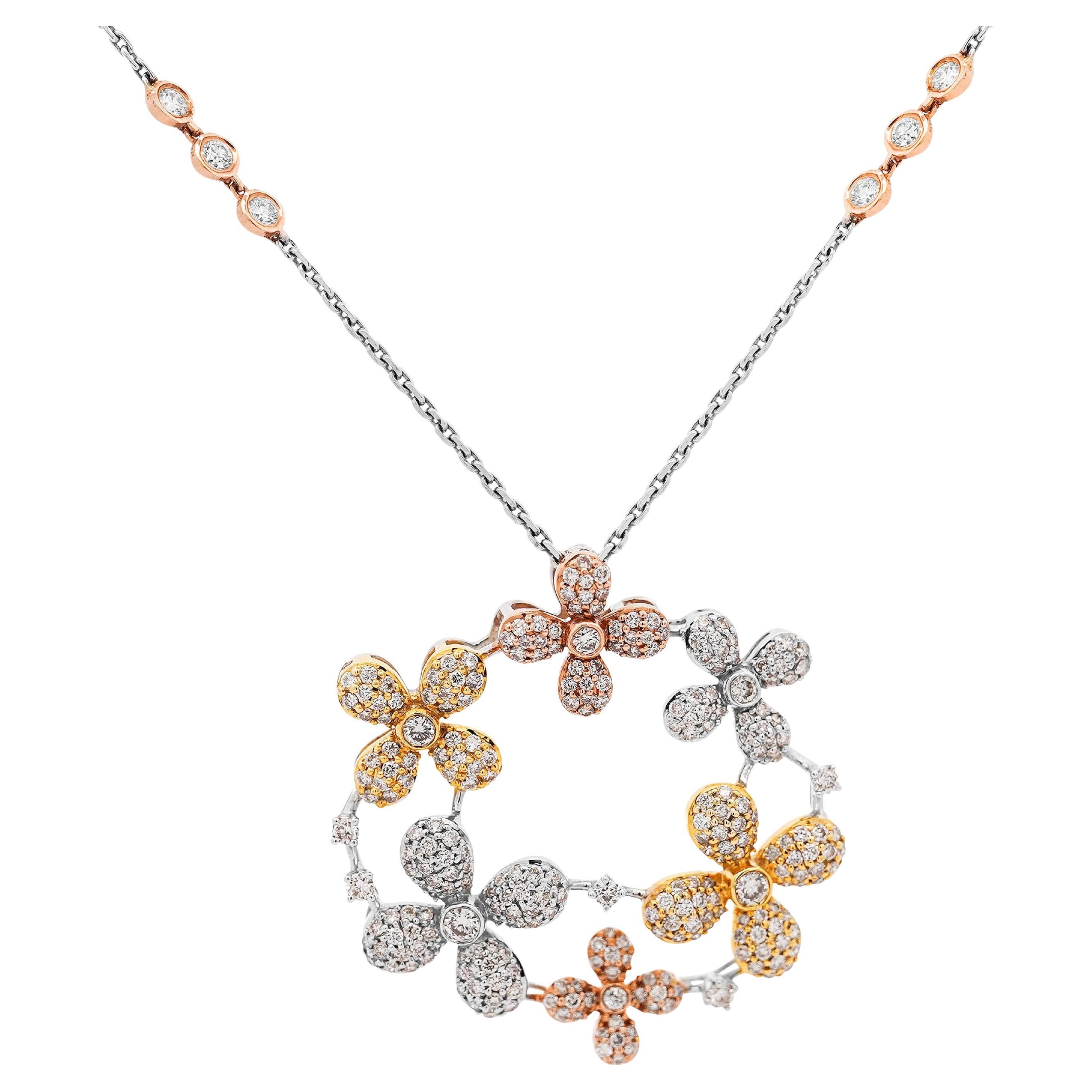 Collar Colgante Guirnalda de Flores en Oro Tricolor de 14 K, Diamante Redondo de 1,81 Quilates