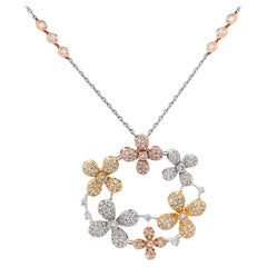 Collar Colgante Guirnalda de Flores en Oro Tricolor de 14 K, Diamante Redondo de 1,81 Quilates
