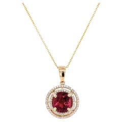 1.81 Carat Rubellite Tourmaline and Diamond Double Halo Vintage Pendant Necklace