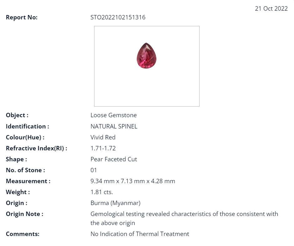 1.81 Carat Vivid Red Natural Spinel from Burma For Sale 1