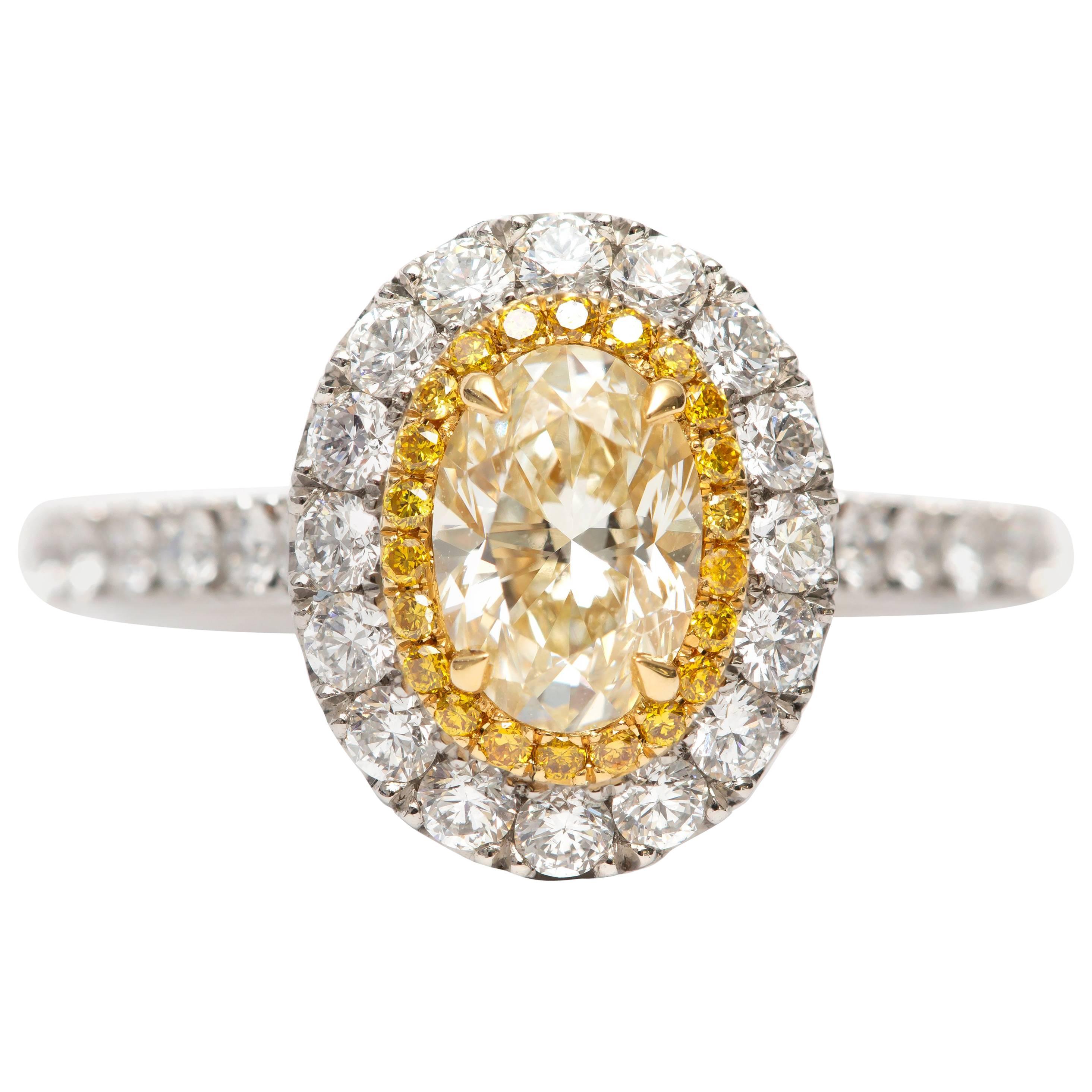 Platinum 1.81 Carat Yellow Oval Cut Diamond Double Halo Modern Engagement Ring