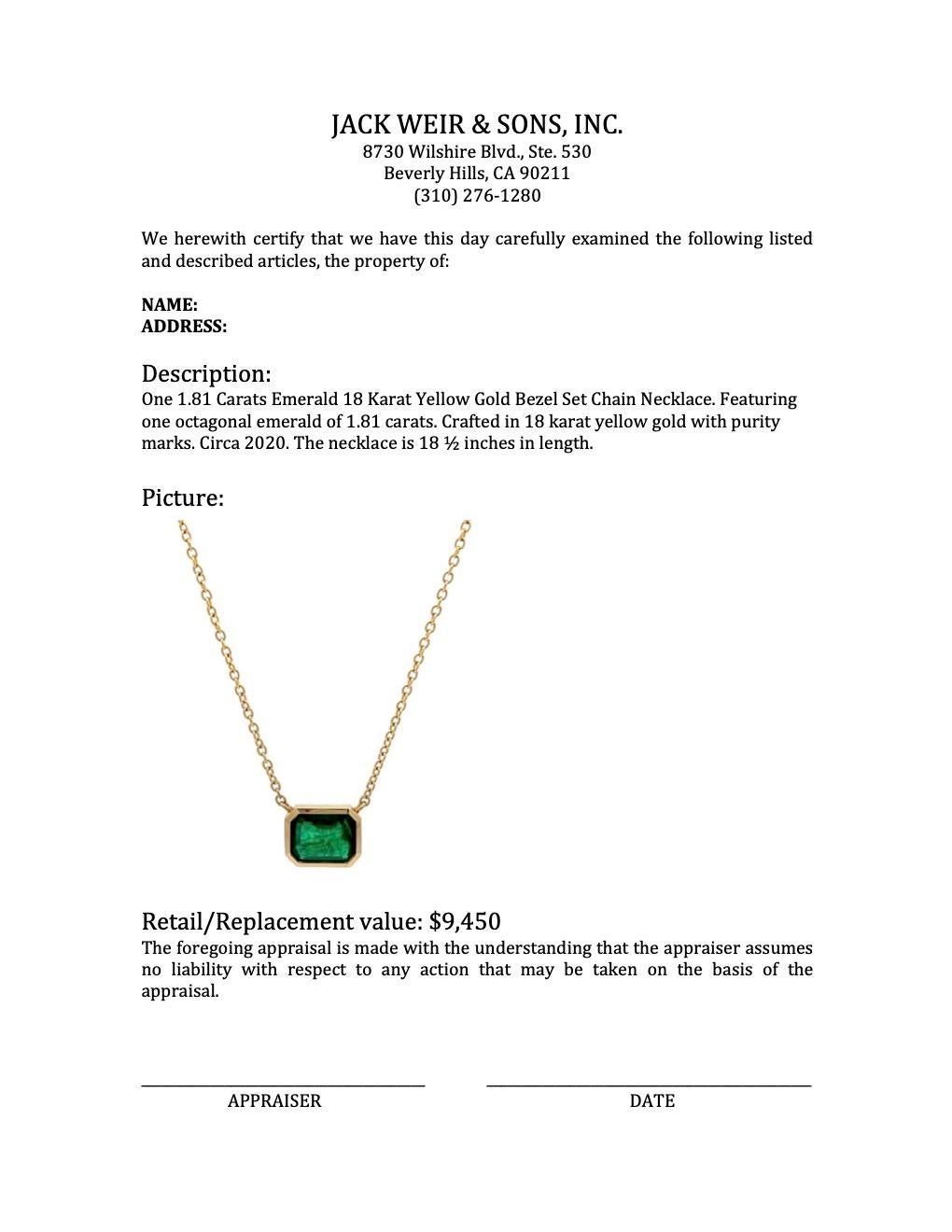 1.81 Carats Emerald 18 Karat Yellow Gold Bezel Set Chain Necklace 2