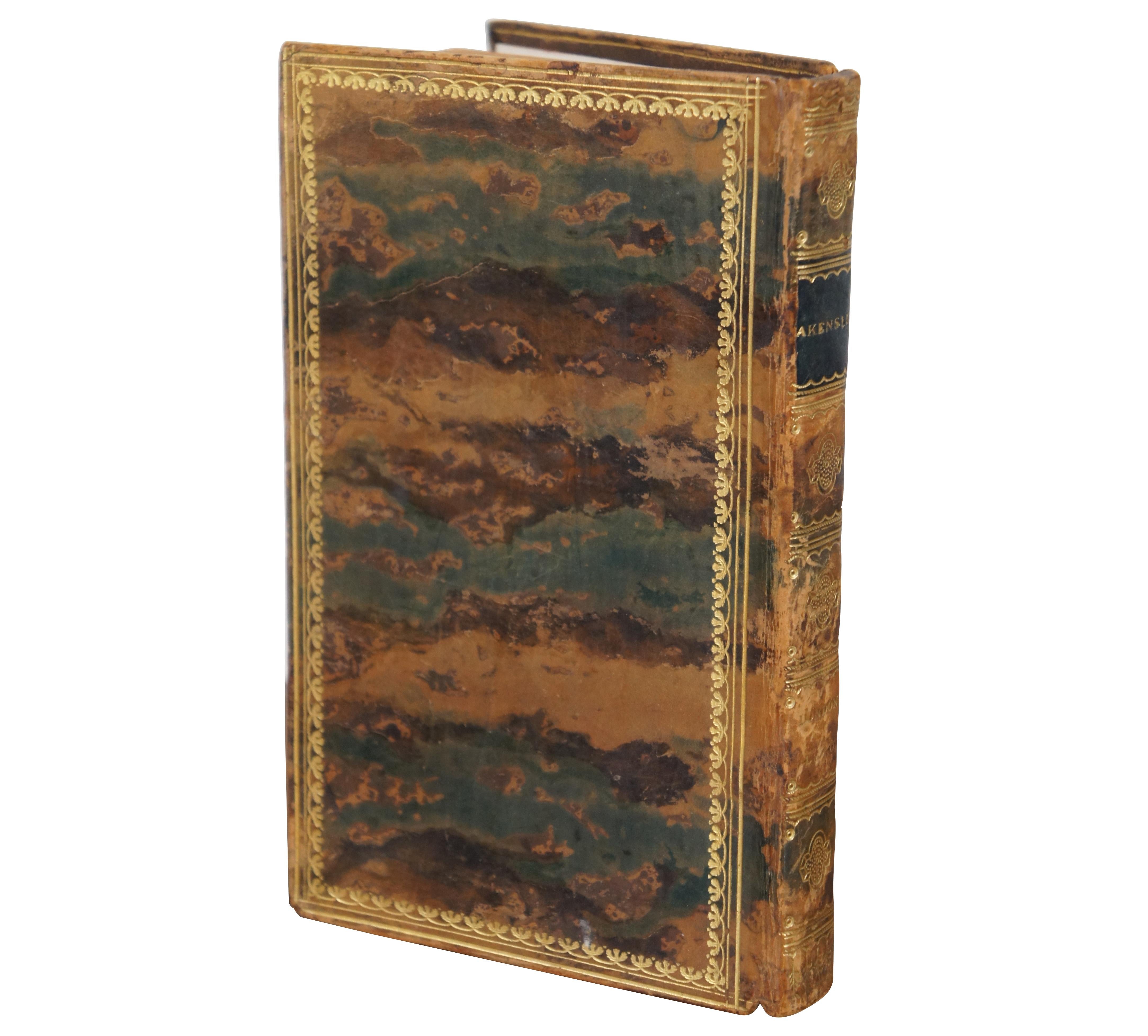 Antique Georgian era marbled leather hard cover book titled “The Pleasures of Imagination” by Mark Akenside, M.D. - A New Edition to Which is Prefixed a Critical Essay on the Poem by Mrs. Anna Barbauld – printed in London for T. Cadell and W.