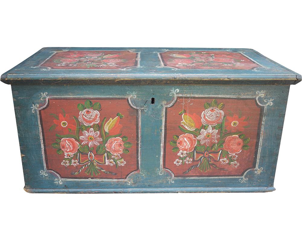 Folk Art 1810 Blu Floral Painted Blanket Chest