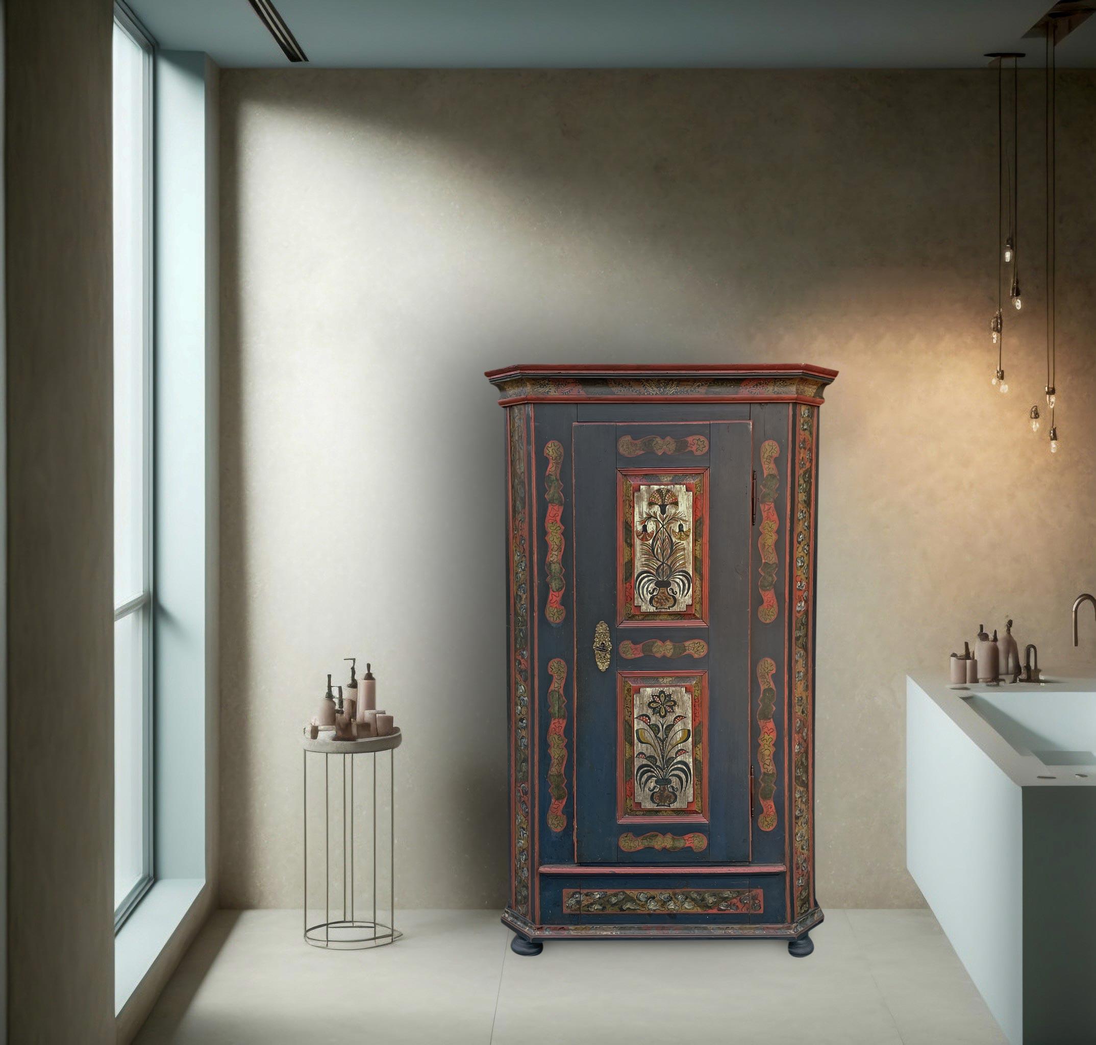 1810 Blu Floral Painted Cabinet - Central Europe 6