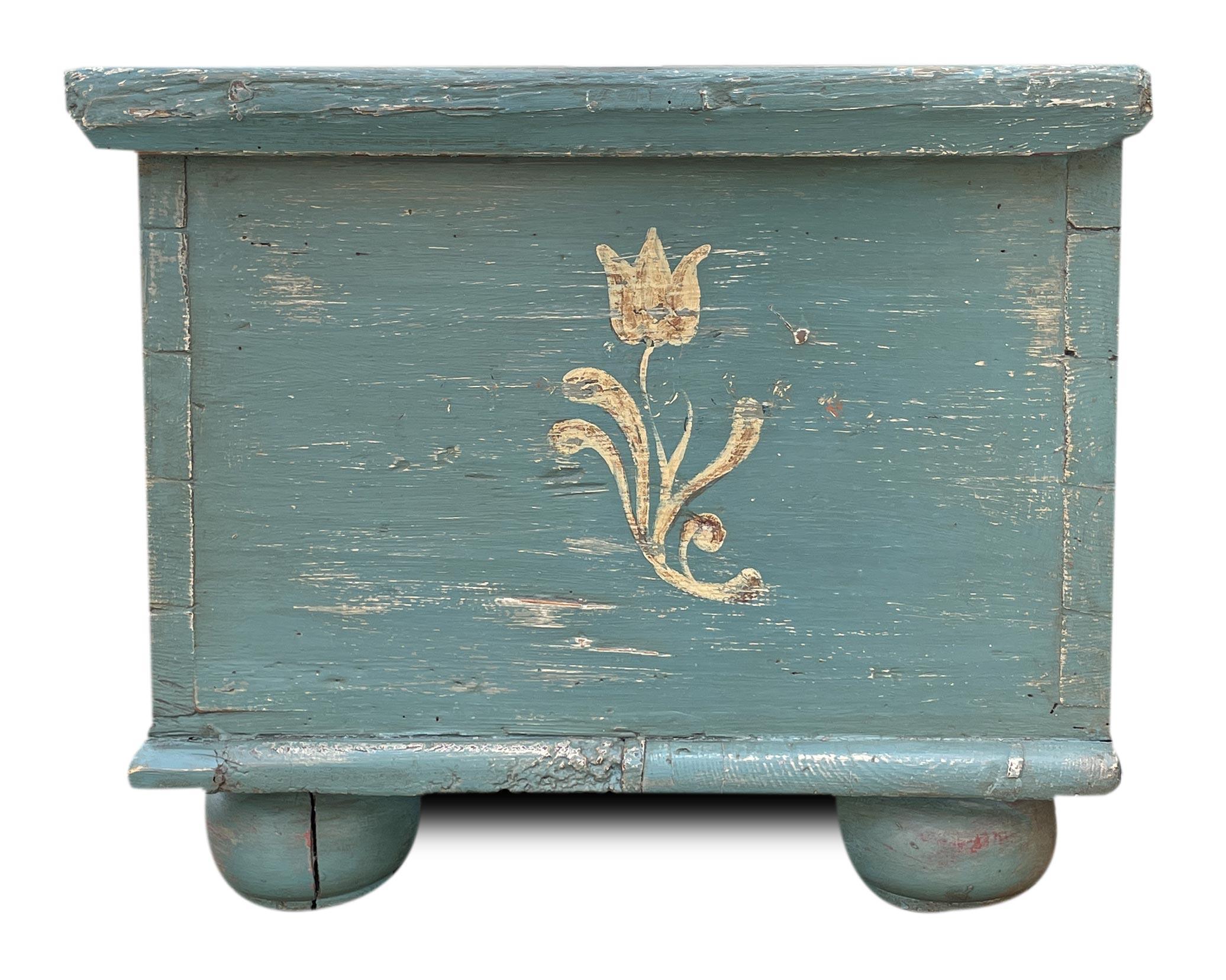 Hand-Painted 1850 Blue Floral Panted Blanket Chest