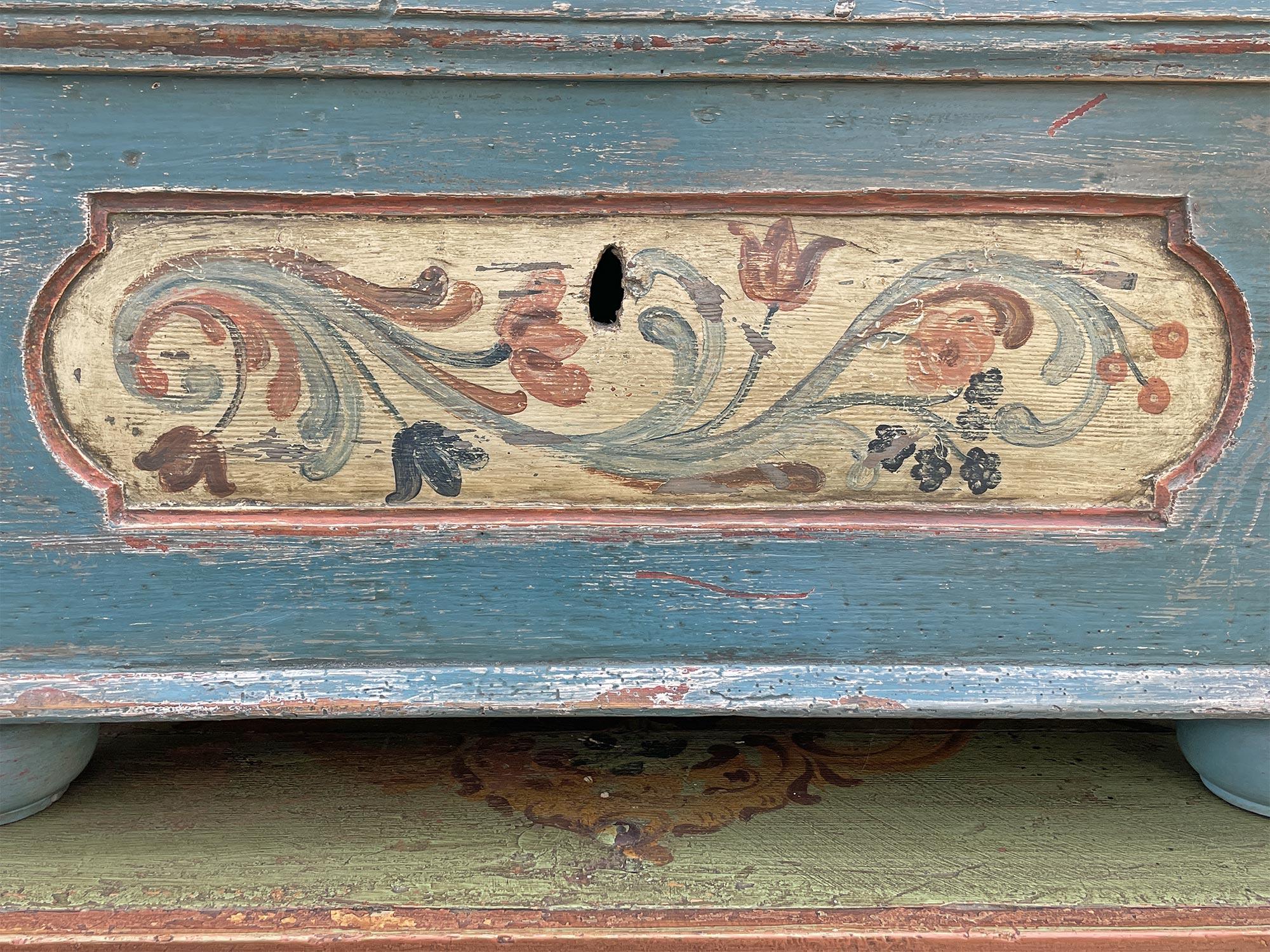 Mid-19th Century 1850 Blue Floral Panted Blanket Chest