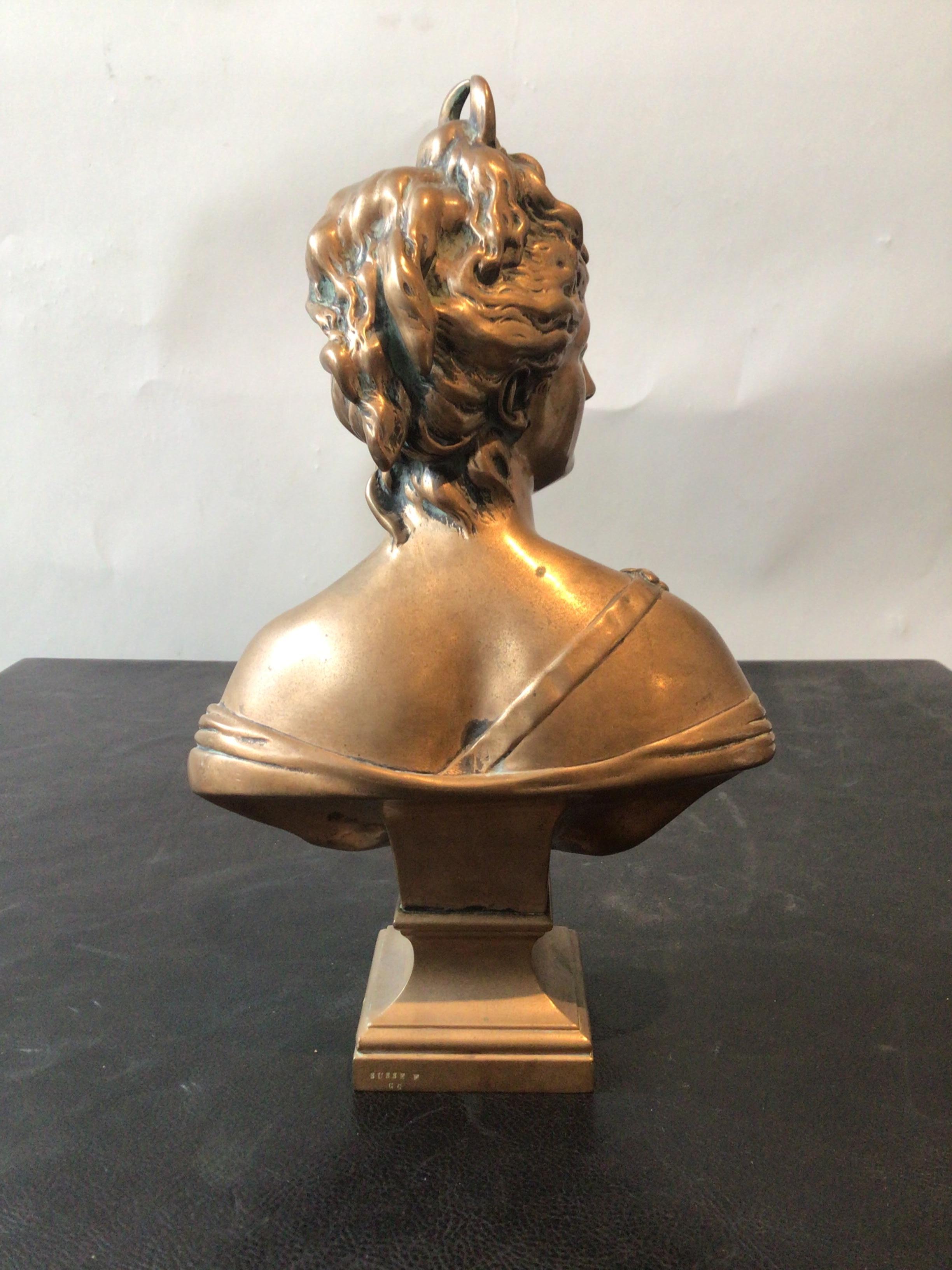 Early 19th Century 1810 Bronze Bust Of Diana Signed Houdon