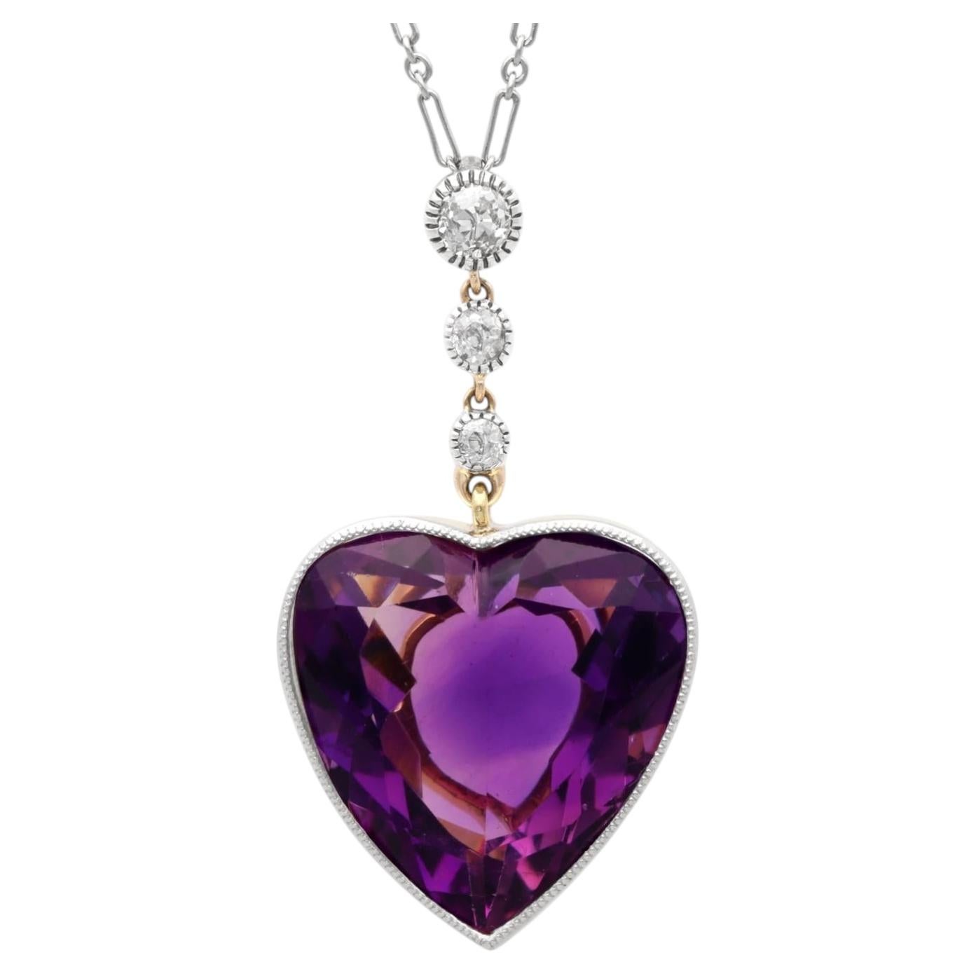 18.10 Carat Amethyst 0.32 Carat Diamond 14k Yellow Gold Heart Pendant Circa 1900