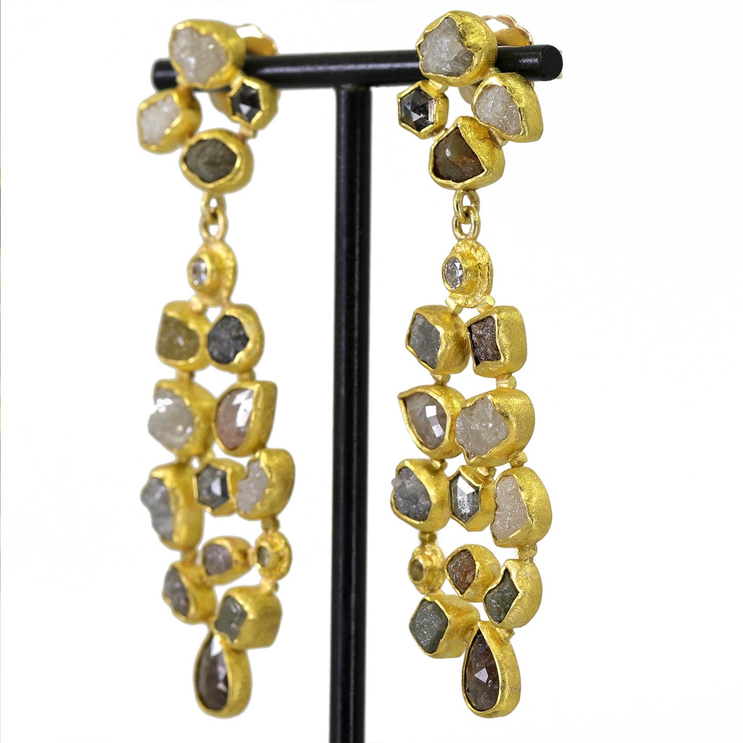 One of a Kind Big Mosiac Diamond Drop Earrings handmade by award-winning jewelry artist Petra Class showcasing a magnificent 18.10 total carats of completely natural assorted rose-cut, brilliant-cut, and rough diamonds individually set in the