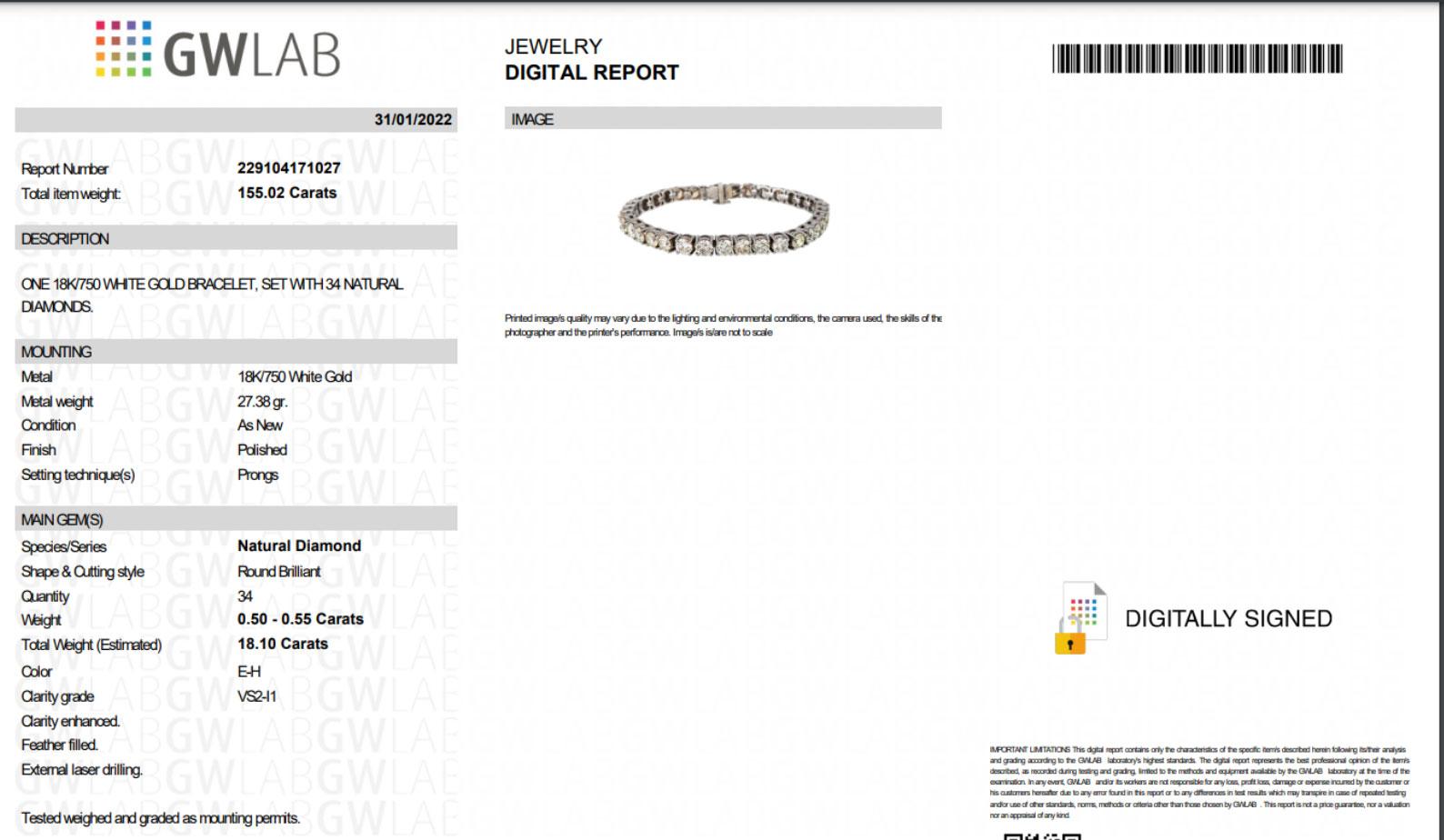 18.10 Carat Natural Diamond Bracelet 18K White Gold, Tennis Bracelet for Women For Sale 5