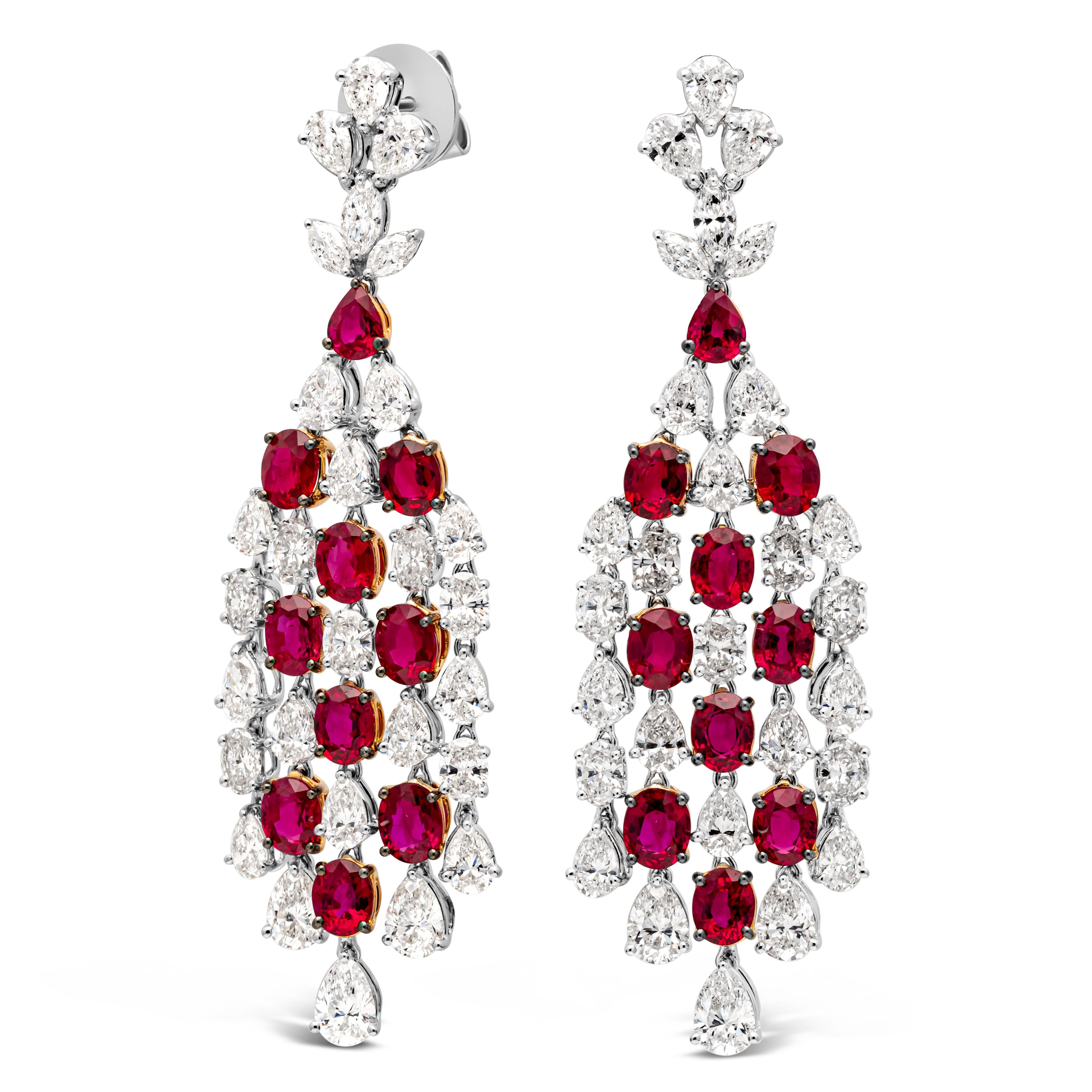 Contemporary 18.10 Carats Total Mixed Cut Ruby & Diamond White Gold Chandelier Earrings For Sale