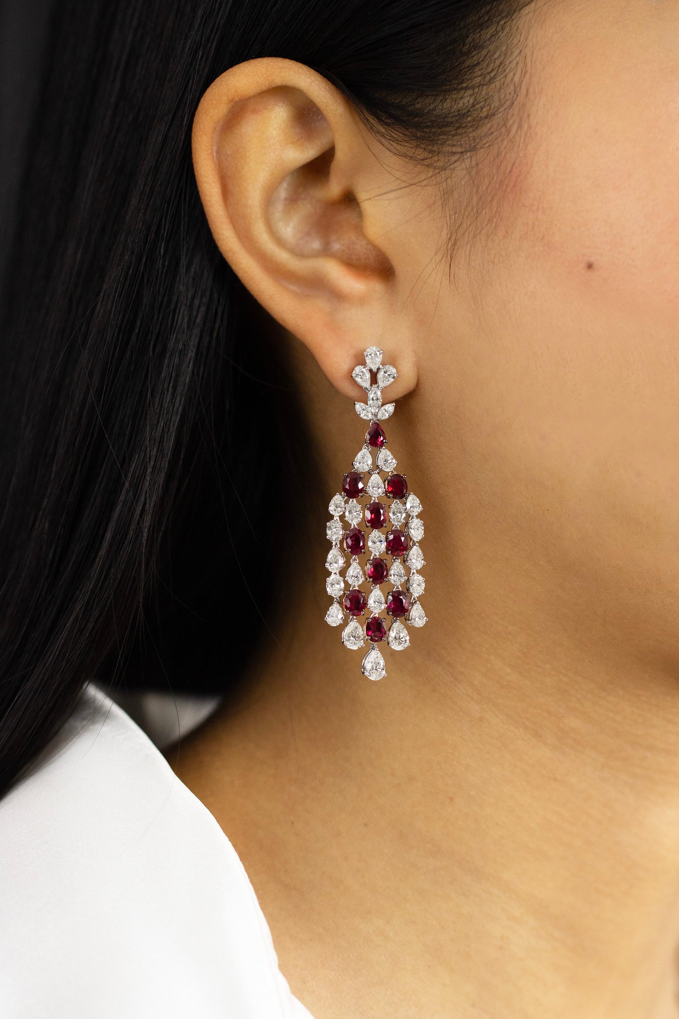 Women's 18.10 Carats Total Mixed Cut Ruby & Diamond White Gold Chandelier Earrings For Sale